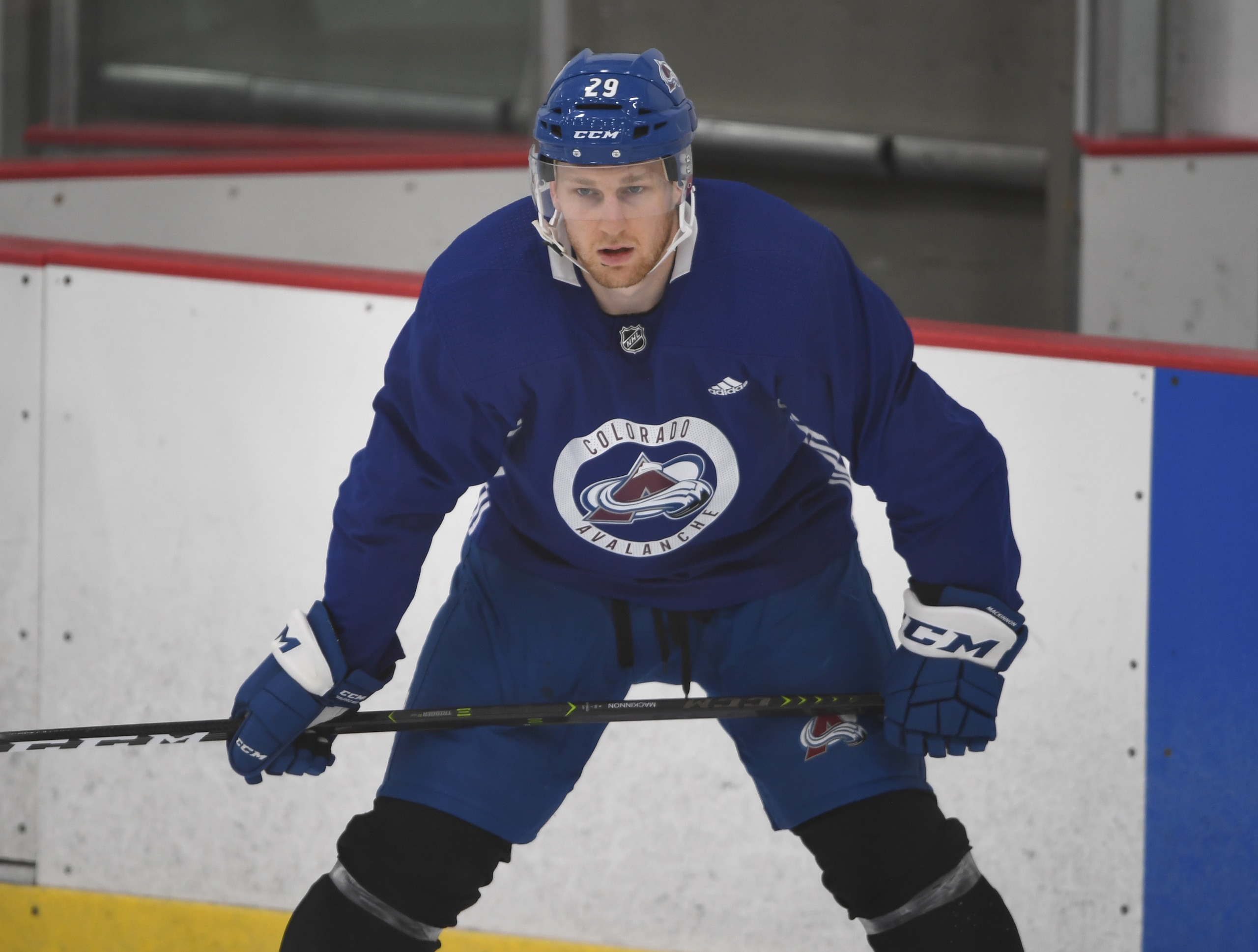 ENGLEWOOD, COLORADO - SEPTEMBER 27: Colorado Avalanche center Nathan MacKinnon (29) practices during the final day of the Colorado Avalanche training camp at Family Sports Center on September 27, 2021 in Englewood, Colorado. (Photo by RJ Sangosti/MediaNews Group/The Denver Post via Getty Images)