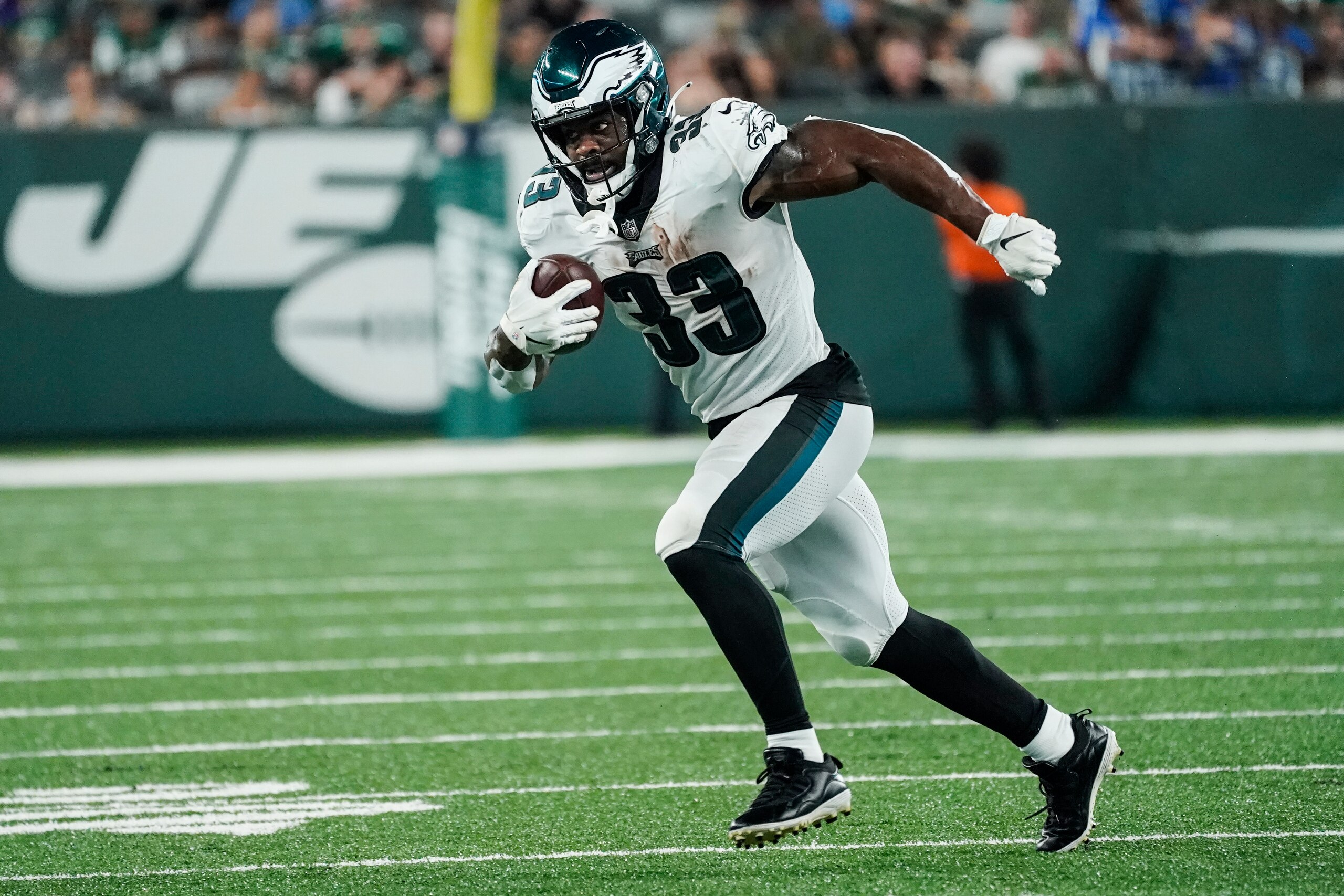 Philadelphia Eagles' Elijah Holyfield (33) during the second half of an NFL preseason football game against the New York Jets Friday, Aug. 27, 2021, in East Rutherford, N.J. (AP Photo/John Minchillo) Philadelphia Eagles' Elijah Holyfield (33) during the second half of an NFL preseason football game against the New York Jets Friday, Aug. 27, 2021, in East Rutherford, N.J. (AP Photo/John Minchillo)