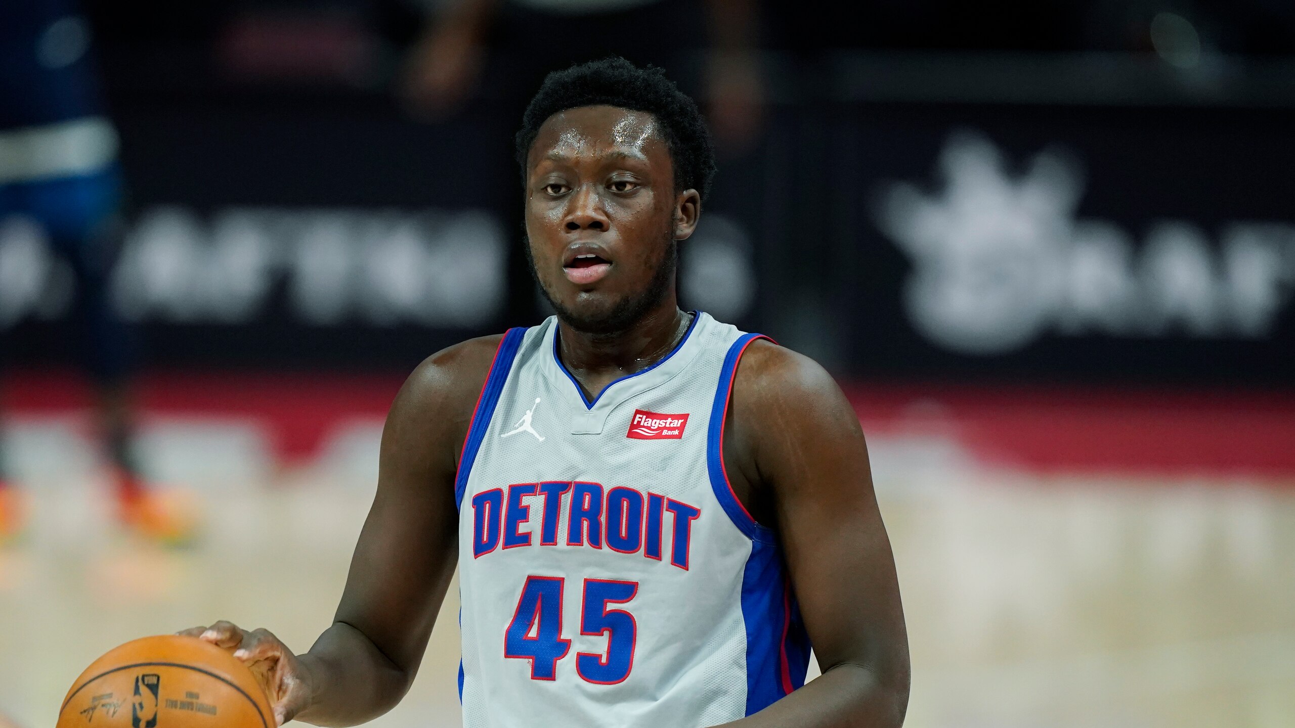 Detroit Pistons forward Sekou Doumbouya plays during the first half of an NBA basketball game, Tuesday, May 11, 2021, in Detroit. (AP Photo/Carlos Osorio)