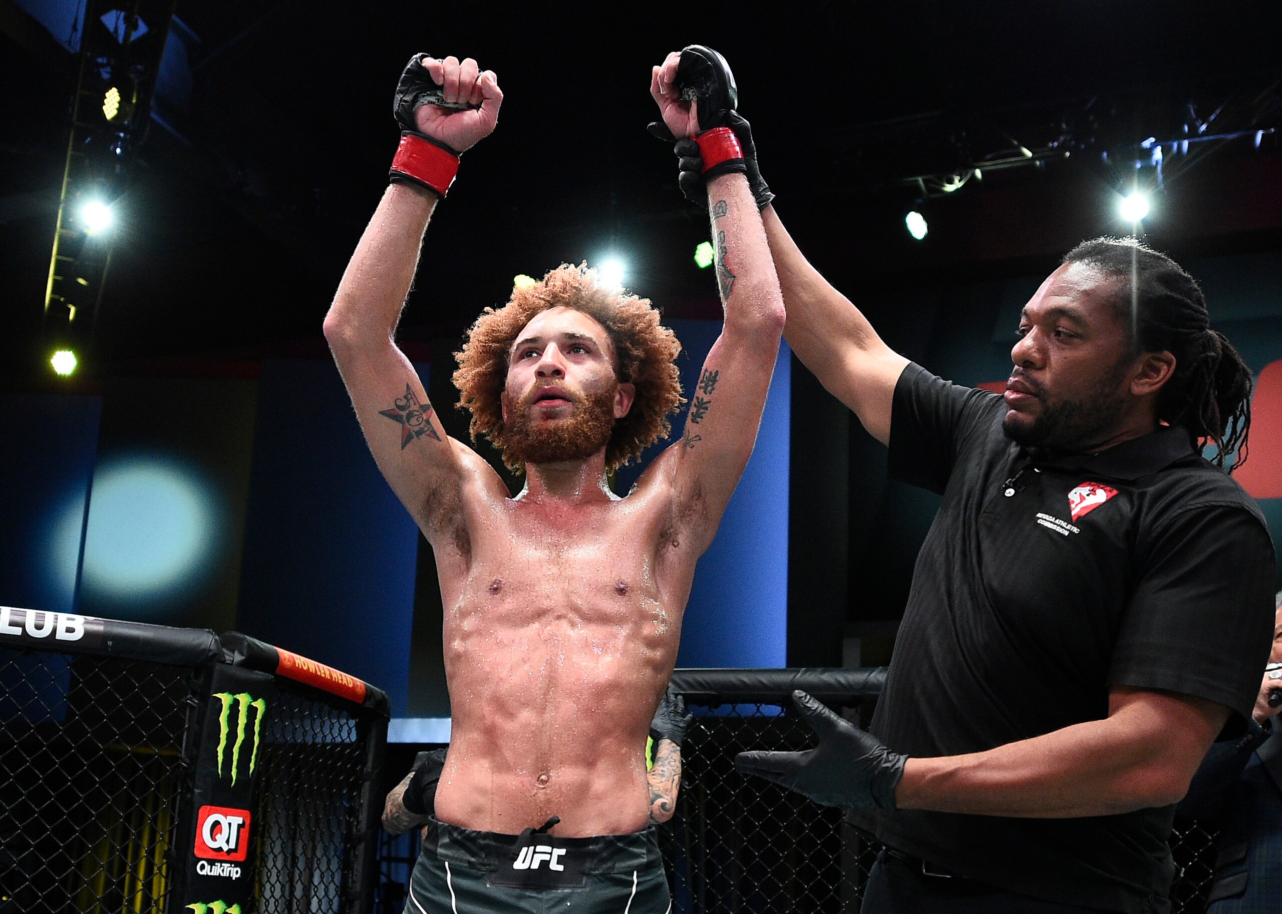 LAS VEGAS, NEVADA - APRIL 17: Luis Pena reacts after his decision victory over Alexander Munoz in a lightweight fight during the UFC Fight Night event at UFC APEX on April 17, 2021 in Las Vegas, Nevada. (Photo by Chris Unger/Zuffa LLC)