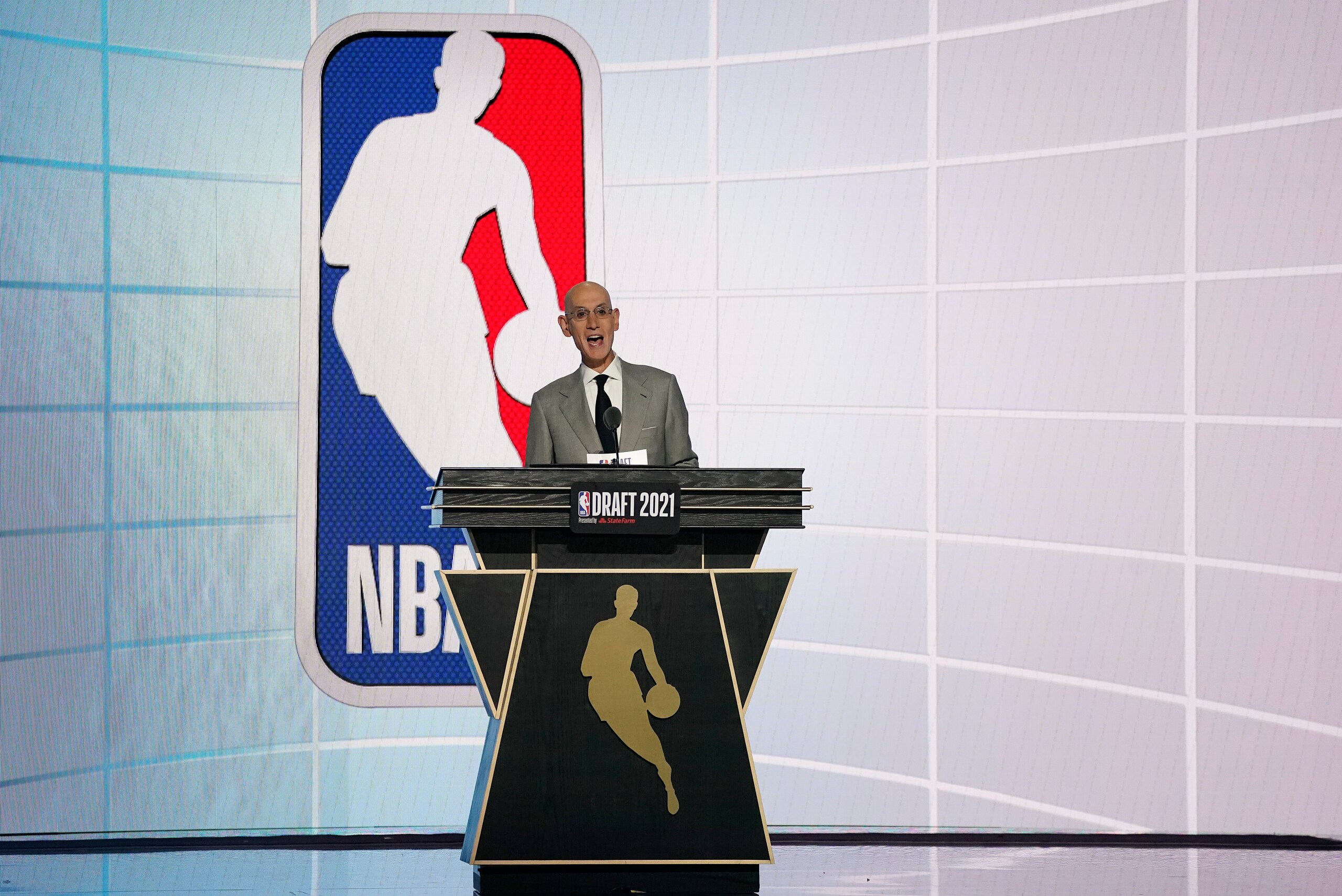 NBA Commissioner Adam Silver speaks at the start of the NBA basketball draft, Thursday, July 29, 2021, in New York. (AP Photo/Corey Sipkin)