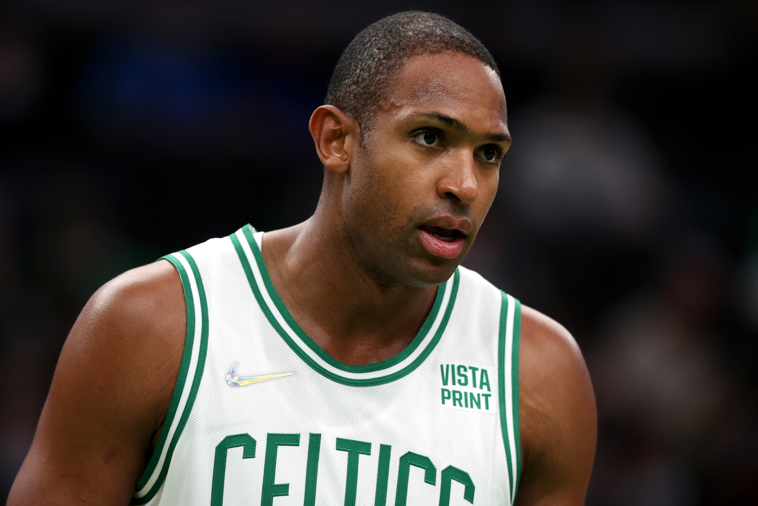 BOSTON, MASSACHUSETTS - OCTOBER 04: Al Horford #42 of the Boston Celtics looks on during the first quarter of the preseason game against the Orlando Magic at TD Garden on October 04, 2021 in Boston, Massachusetts. NOTE TO USER: User expressly acknowledges and agrees that, by downloading and or using this photograph, user is consenting to the terms and conditions of the Getty Images License Agreement. (Photo by Maddie Meyer/Getty Images)