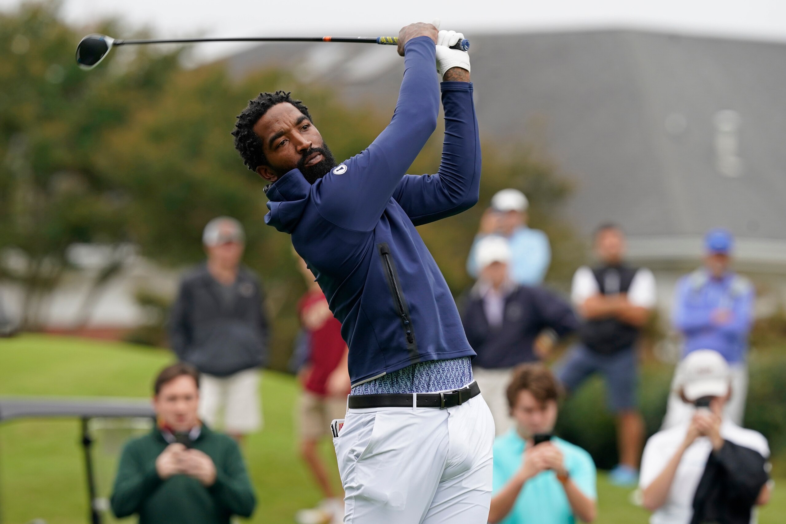 North Carolina A&T's J.R. Smith tees off on the first hole during the first round of the Phoenix Invitational golf tournament in Burlington, N.C., Monday, Oct. 11, 2021. Smith, who spent 16 years in the NBA, made his college golfing debut in the tournament hosted by Elon. (AP Photo/Gerry Broome)