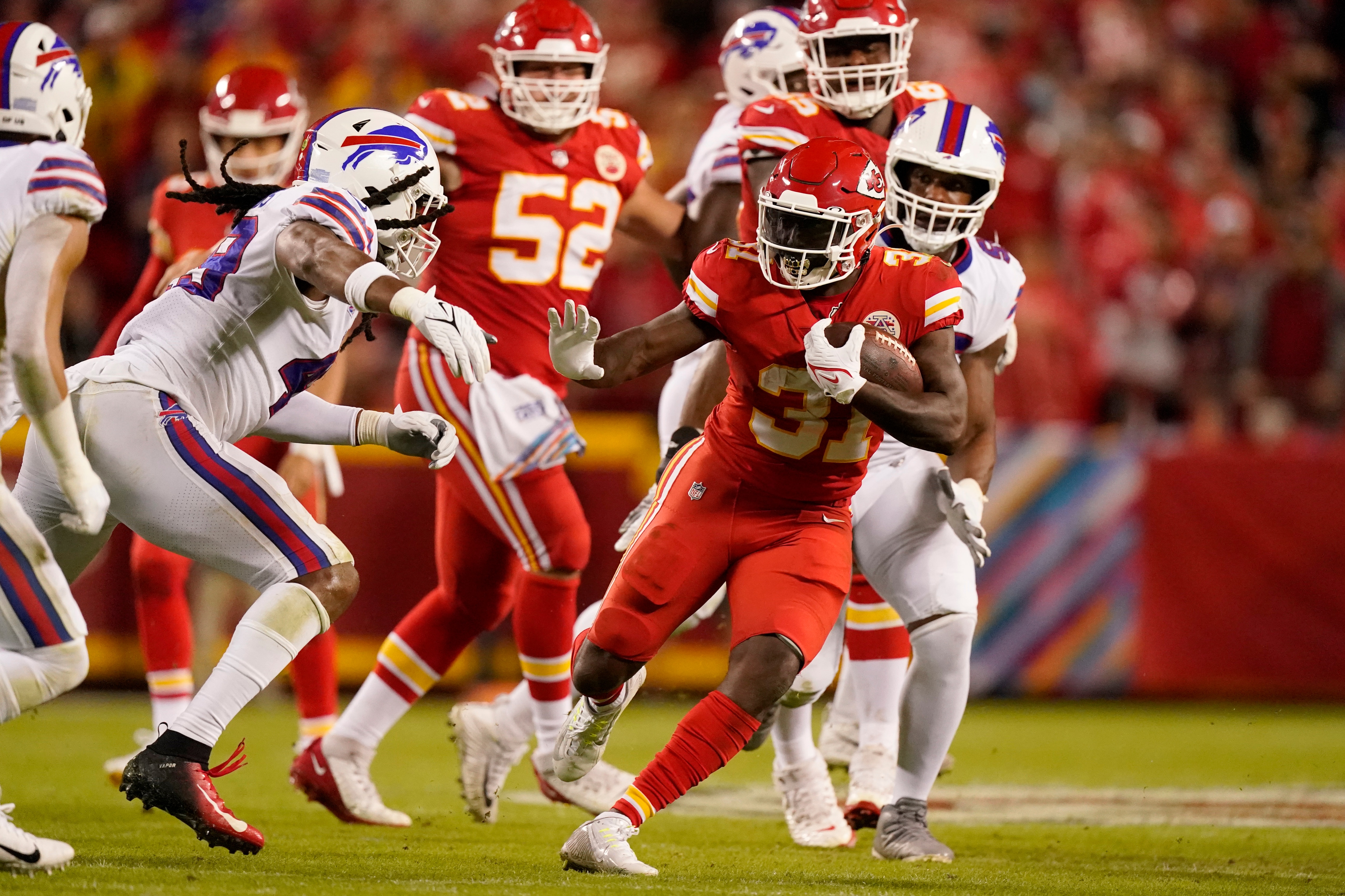 Kansas City Chiefs running back Darrel Williams runs with the ball during the second half of an NFL football game against the Buffalo Bills Sunday, Oct. 10, 2021, in Kansas City, Mo. (AP Photo/Charlie Riedel)