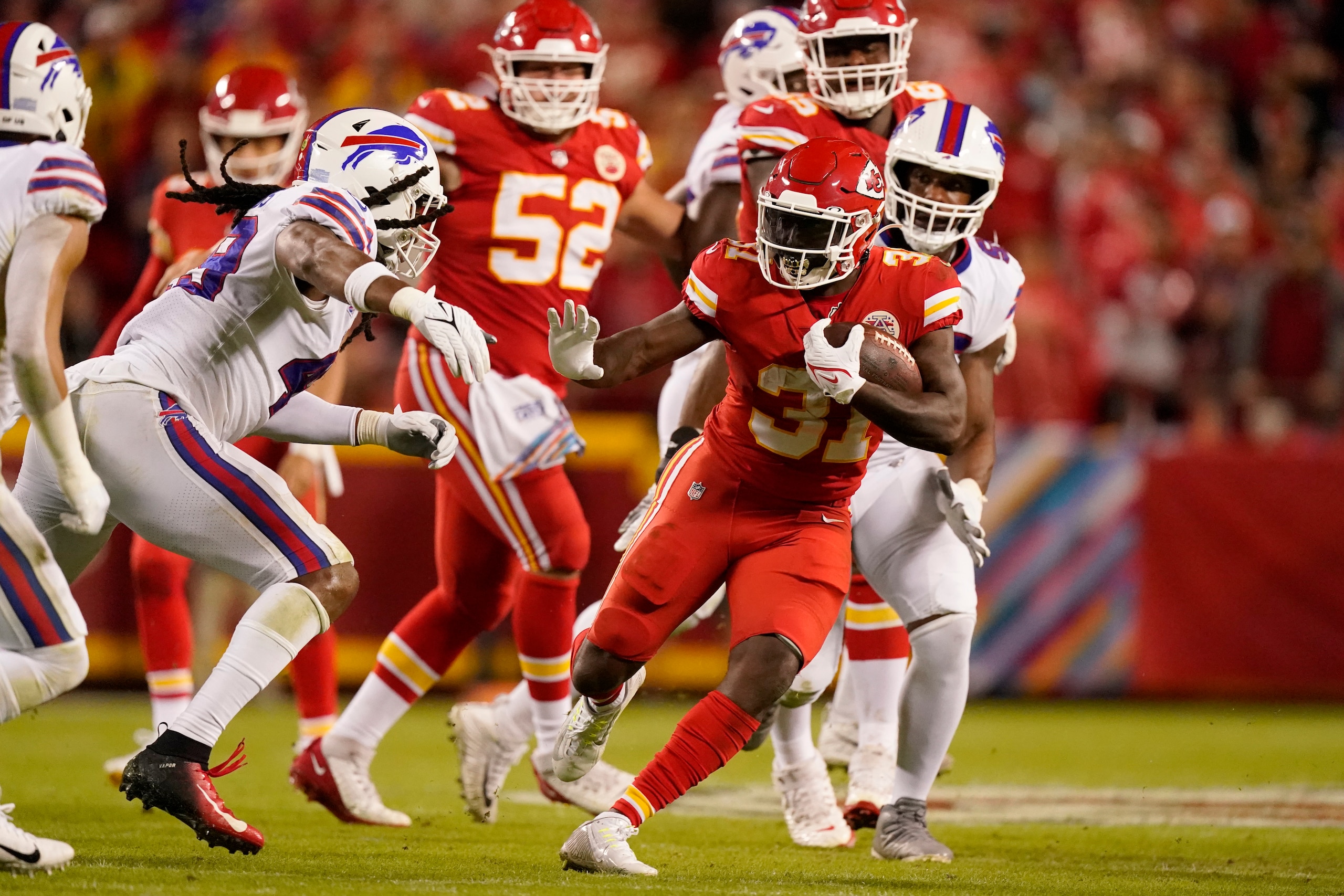 Kansas City Chiefs running back Darrel Williams runs with the ball during the second half of an NFL football game against the Buffalo Bills Sunday, Oct. 10, 2021, in Kansas City, Mo. (AP Photo/Charlie Riedel)