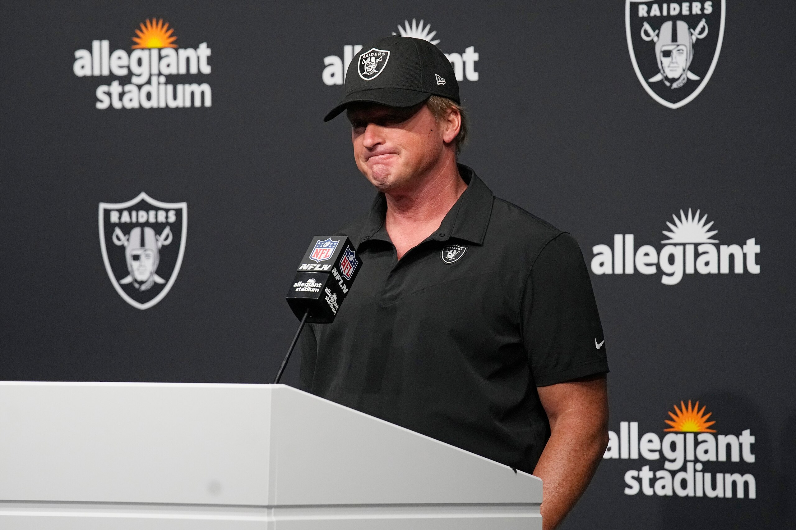 Las Vegas Raiders head coach Jon Gruden speaks during a news conference after an NFL football game against the Chicago Bears, Sunday, Oct. 10, 2021, in Las Vegas. (AP Photo/Rick Scuteri)