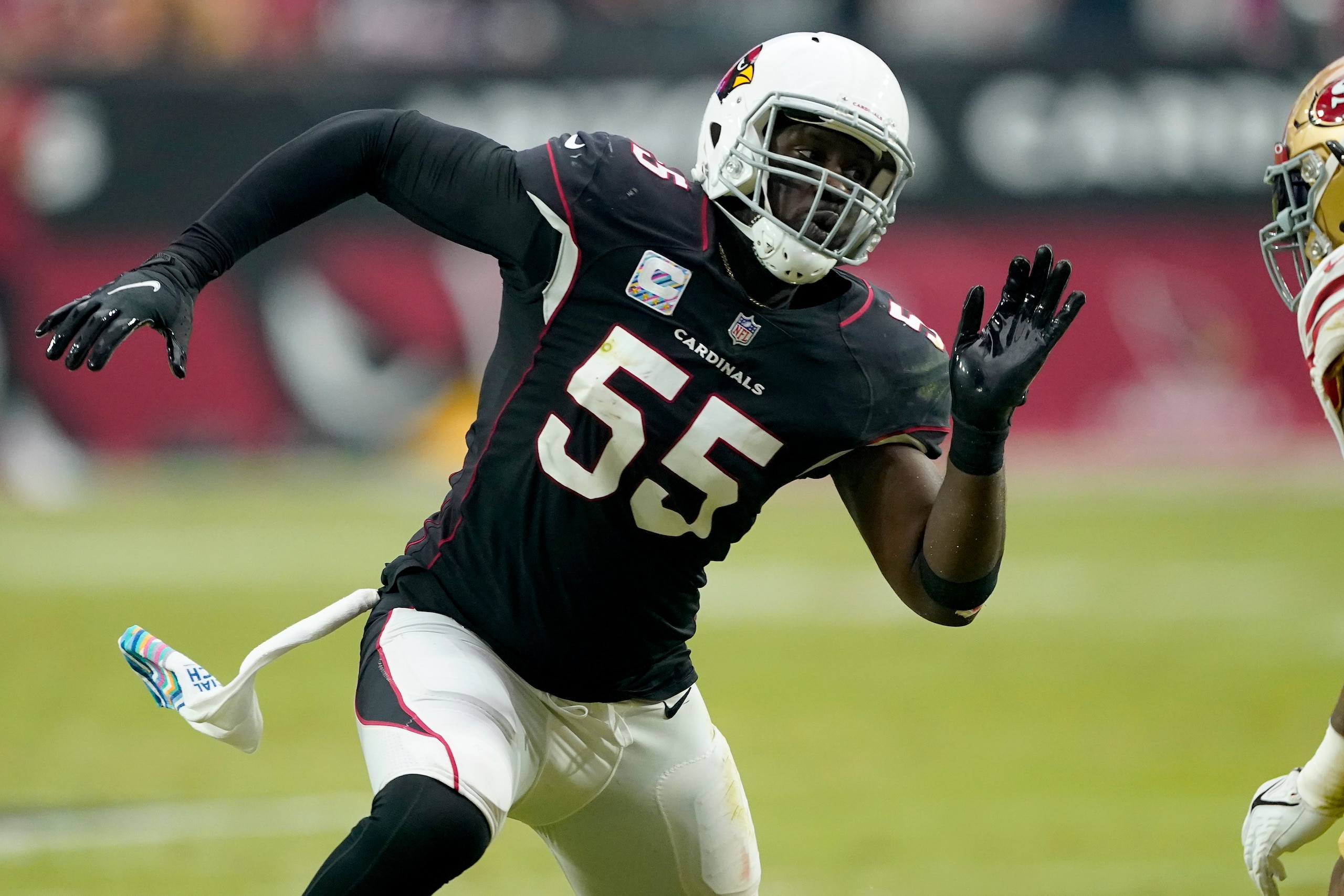 Arizona Cardinals linebacker Chandler Jones (55) against the San Francisco 49ers during the first half of an NFL football game, Sunday, Oct. 10, 2021, in Glendale, Ariz. (AP Photo/Darryl Webb) Arizona Cardinals linebacker Chandler Jones (55) against the San Francisco 49ers during the first half of an NFL football game, Sunday, Oct. 10, 2021, in Glendale, Ariz. (AP Photo/Darryl Webb)