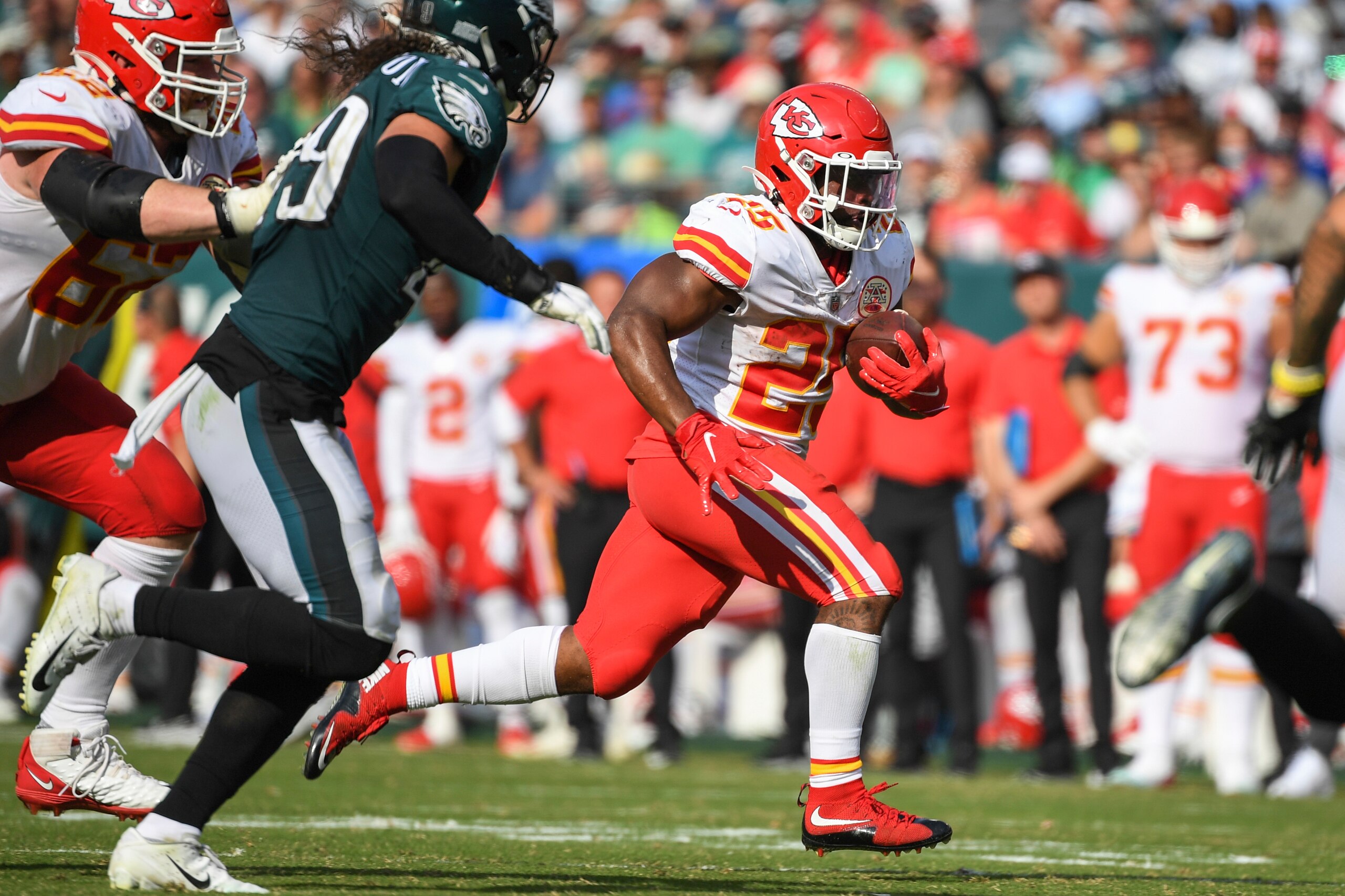 Kansas City Chiefs running back Clyde Edwards-Helaire (25) runs the ball during the fourth quarter of an NFL football game against the Philadelphia Eagles, Sunday, Oct. 3, 2021, in Philadelphia. (AP Photo/Terrance Williams)