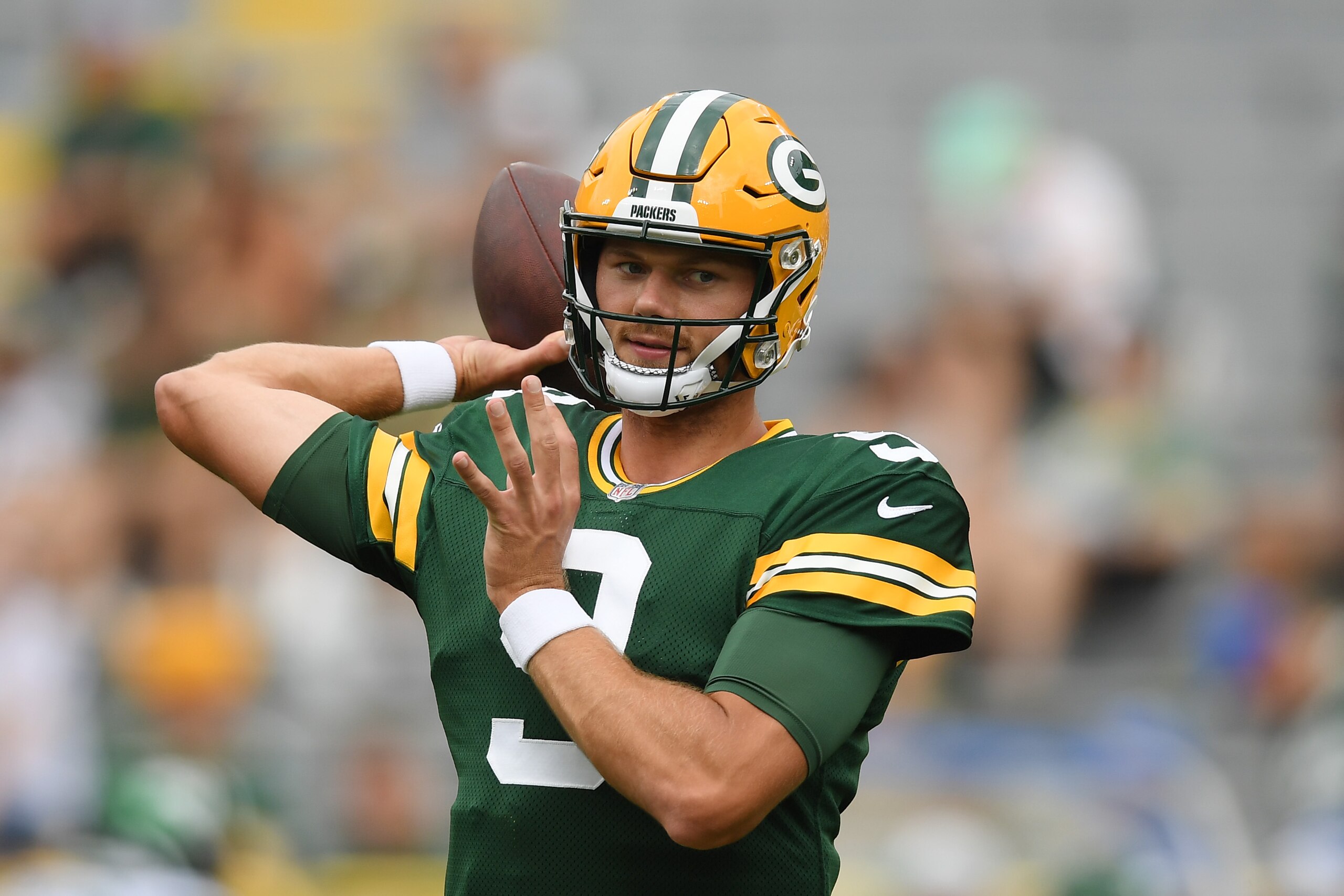 GREEN BAY, WISCONSIN - AUGUST 21: Blake Bortles #9 of the Green Bay Packers warms up before a preseason game against the New York Jets at Lambeau Field on August 21, 2021 in Green Bay, Wisconsin. (Photo by Quinn Harris/Getty Images)
