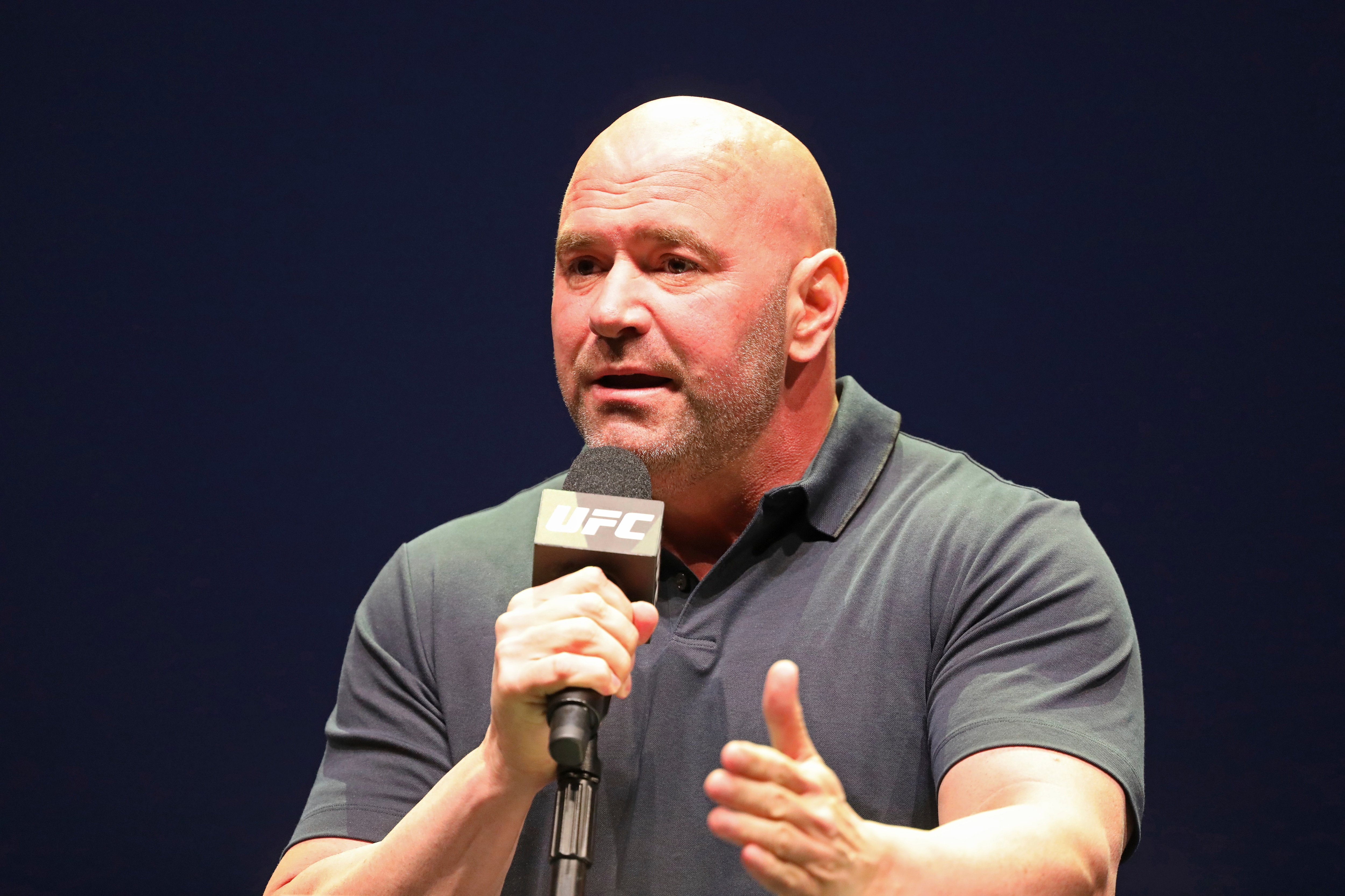 Dana White speaks at a news conference for the UFC 244 mixed martial arts event, Thursday, Sept. 19, 2019, in New York. Jorge Masvidal is scheduled to fight Nate Diaz Saturday, November 2 at Madison Square Garden. (AP Photo/Gregory Payan)