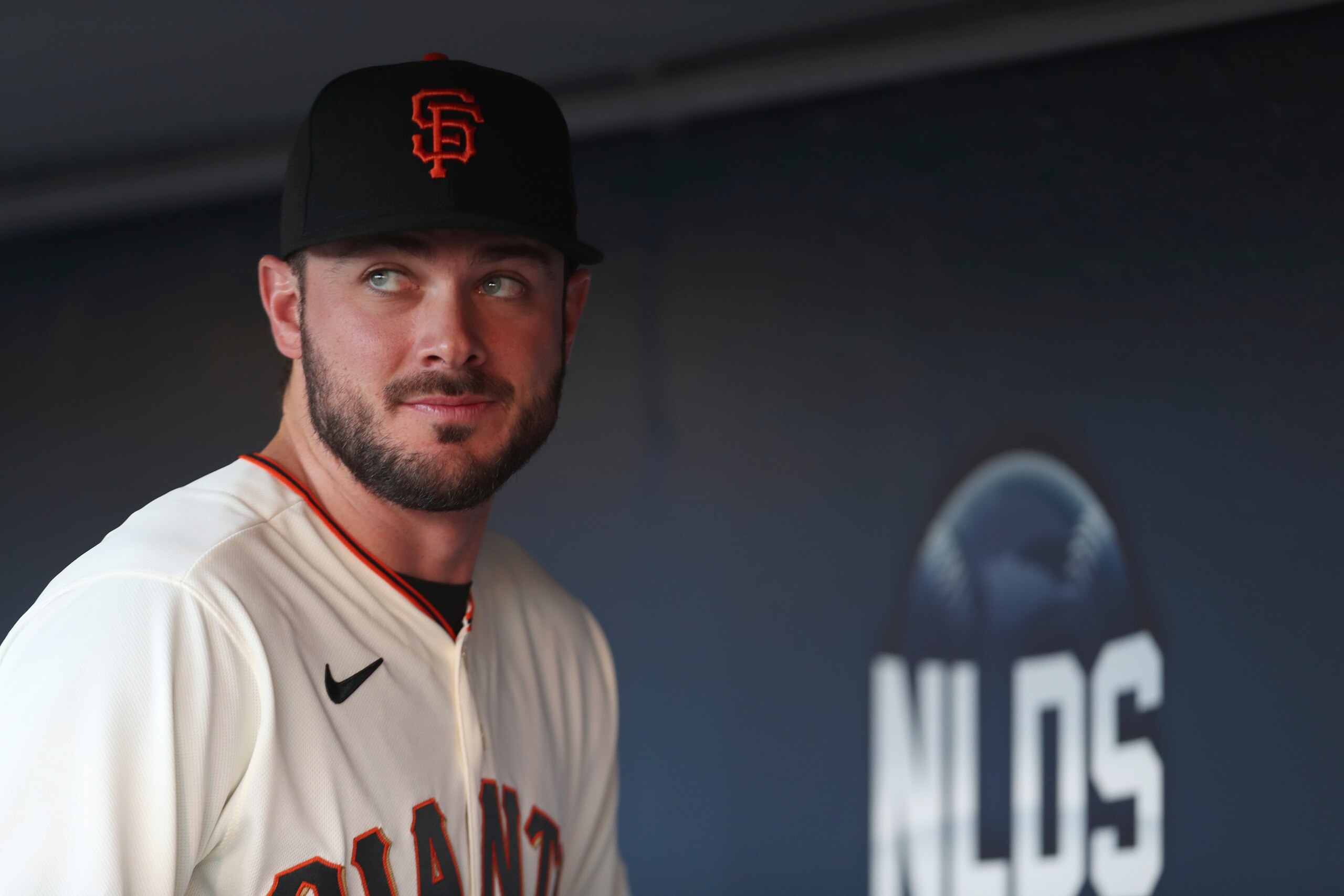 San Francisco Giants' Kris Bryant before Game 2 of a baseball National League Division Series against the Los Angeles Dodgers Saturday, Oct. 9, 2021, in San Francisco. (AP Photo/Jed Jacobsohn)