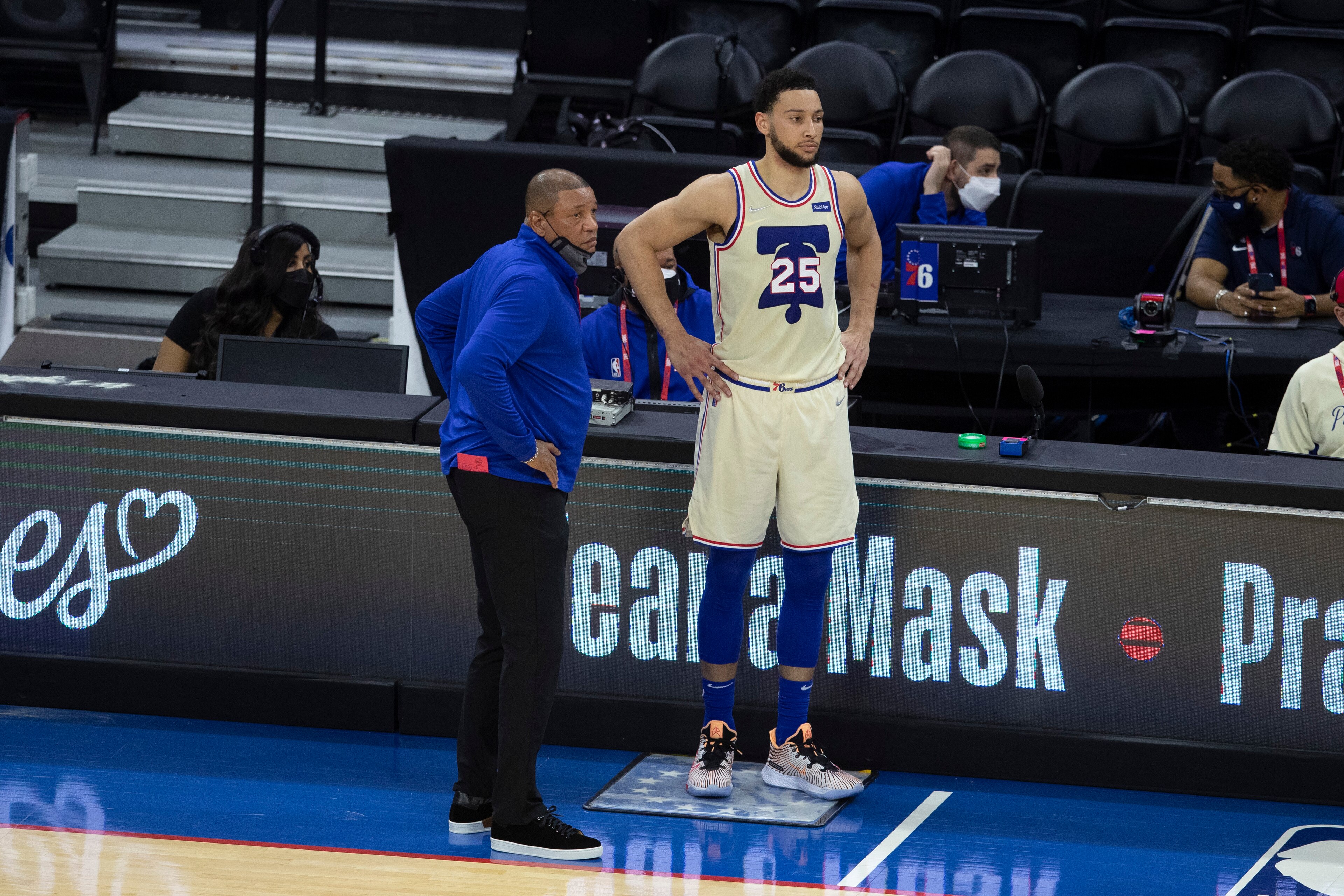 PHILADELPHIA, PA - APRIL 14: Head coach Doc Rivers of the Philadelphia 76ers talks to Ben Simmons #25 against the Brooklyn Nets at the Wells Fargo Center on April 14, 2021 in Philadelphia, Pennsylvania. The 76ers defeated the Nets 123-117. NOTE TO USER: User expressly acknowledges and agrees that, by downloading and or using this photograph, User is consenting to the terms and conditions of the Getty Images License Agreement. (Photo by Mitchell Leff/Getty Images)