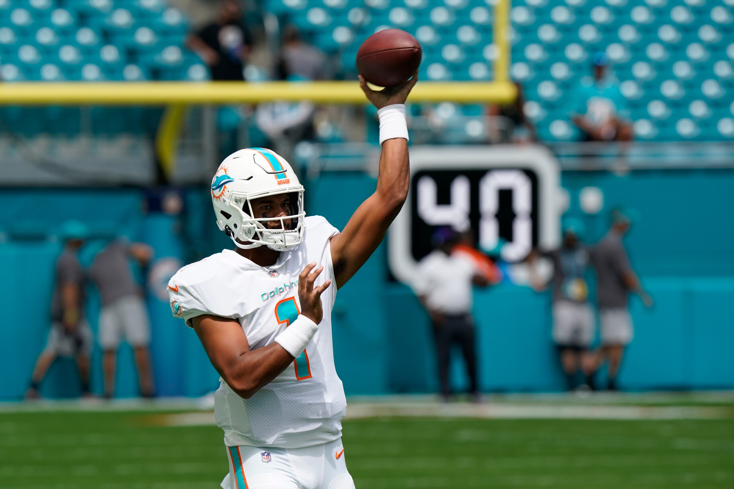 Miami Dolphins quarterback Tua Tagovailoa (1) warms up ahead of an NFL football game against the Buffalo Bills, Sunday, Sept. 19, 2021, in Miami Gardens, Fla. (AP Photo/Wilfredo Lee)