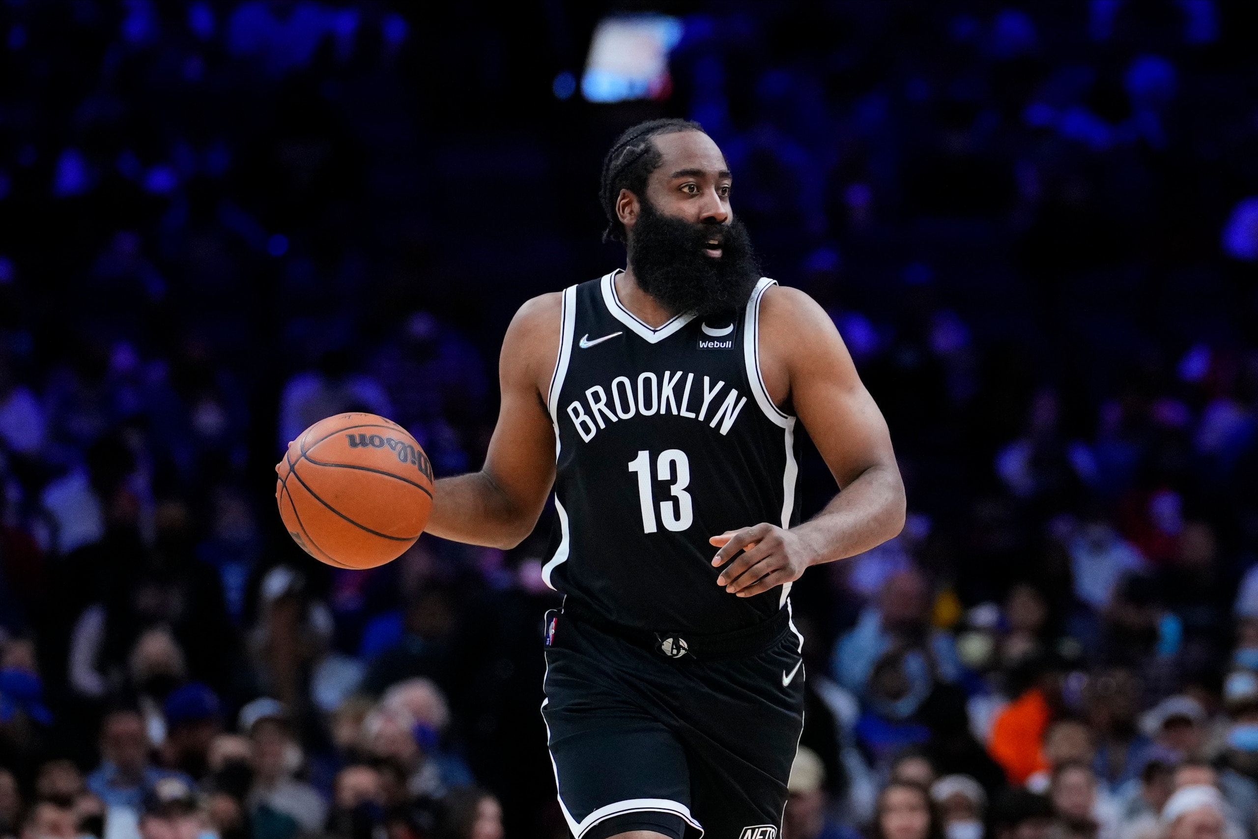 Brooklyn Nets' James Harden plays during a preseason NBA basketball game, Monday, Oct. 11, 2021, in Philadelphia. (AP Photo/Matt Slocum)