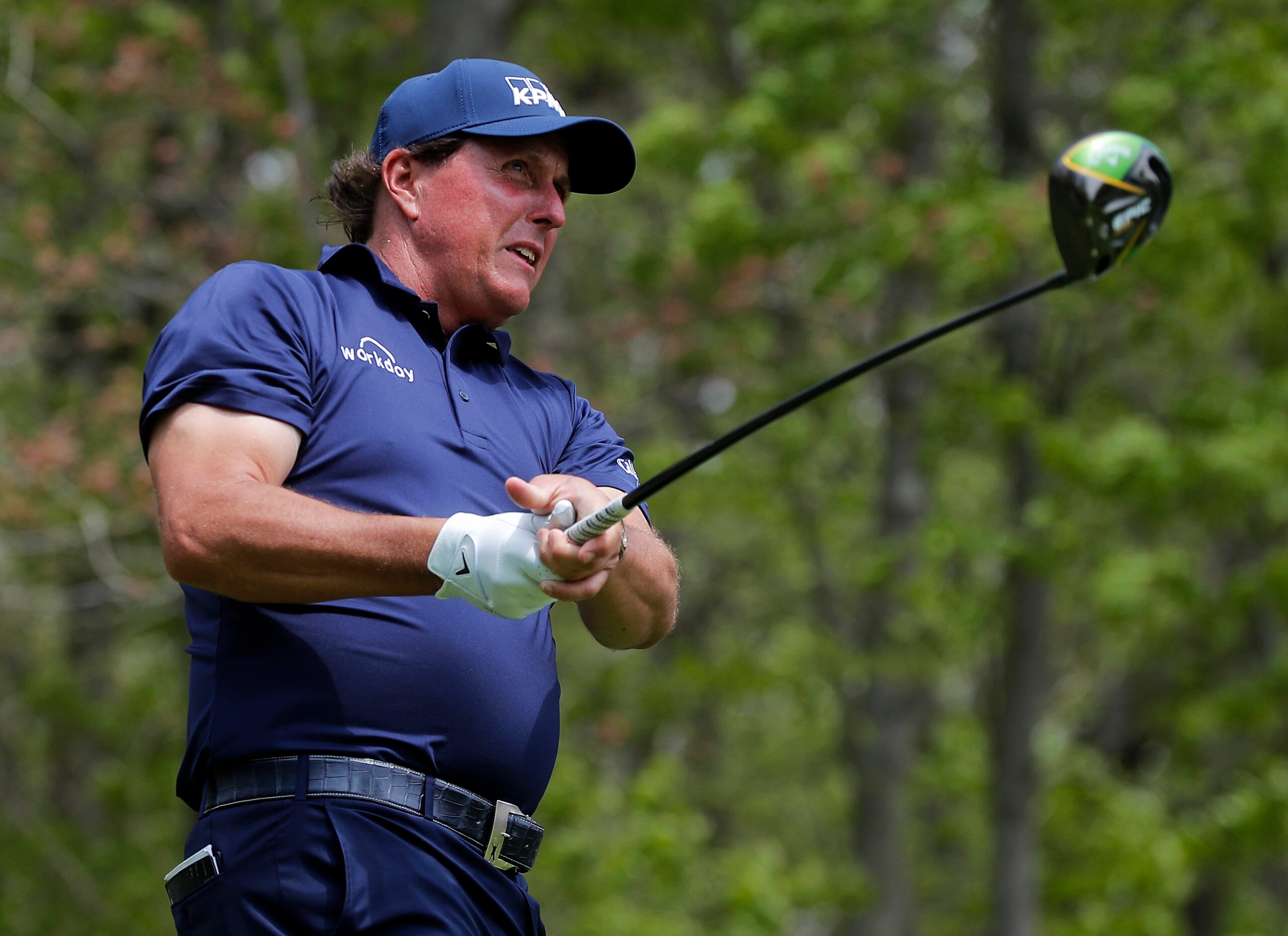 Phil Mickelson drives off the 16th tee during the final round of the PGA Championship golf tournament, Sunday, May 19, 2019, at Bethpage Black in Farmingdale, N.Y. (AP Photo/Julie Jacobson)