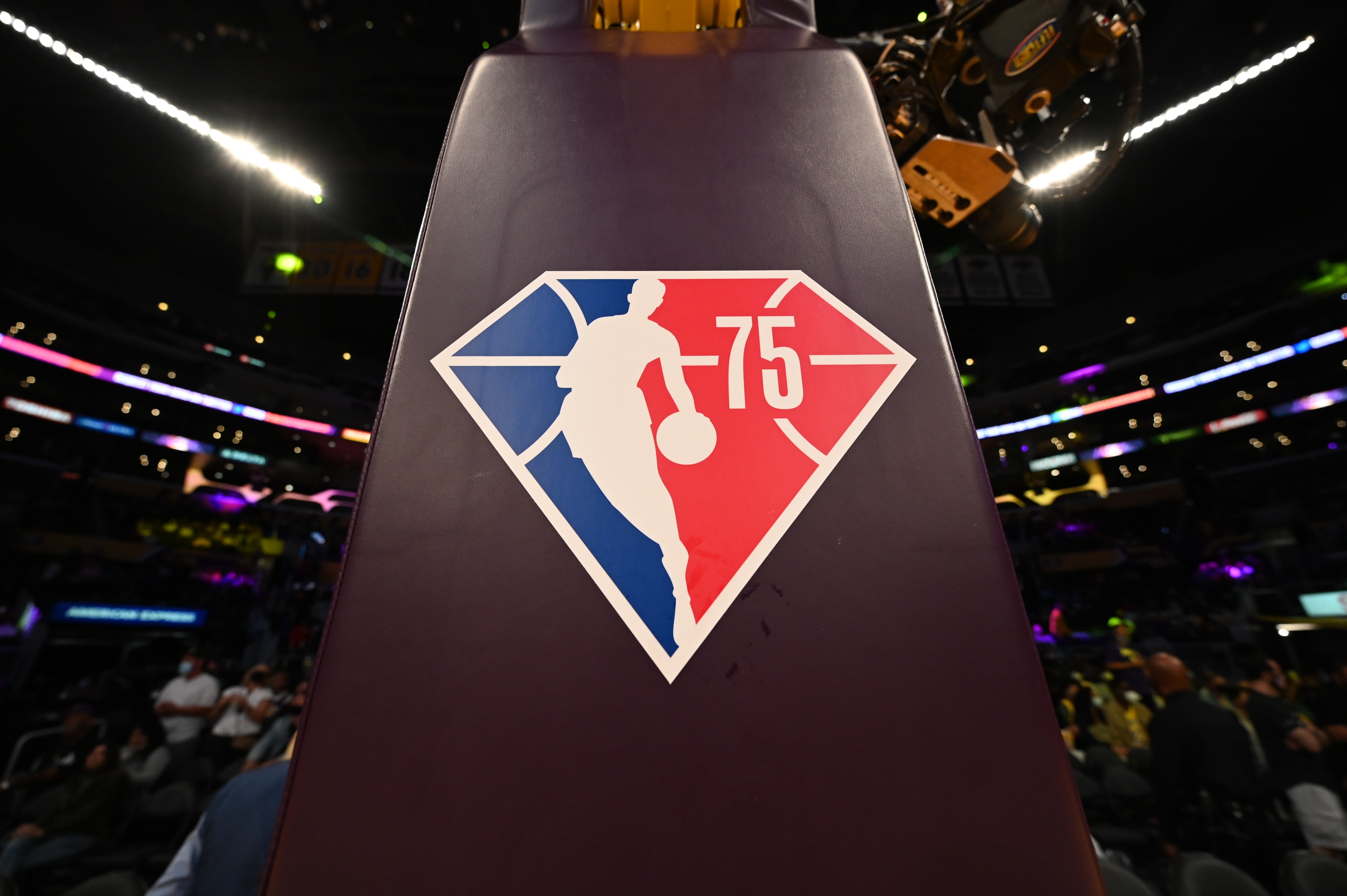 LOS ANGELES, CA - OCTOBER 10: A 75th NBA Anniversaty logo during a Los Angeles Lakers preseason game against the Phoenix Suns on October 10, 2021 at STAPLES Center in Los Angeles, California. NOTE TO USER: User expressly acknowledges and agrees that, by downloading and/or using this Photograph, user is consenting to the terms and conditions of the Getty Images License Agreement. Mandatory Copyright Notice: Copyright 2021 NBAE (Photo by Adam Pantozzi/NBAE via Getty Images)