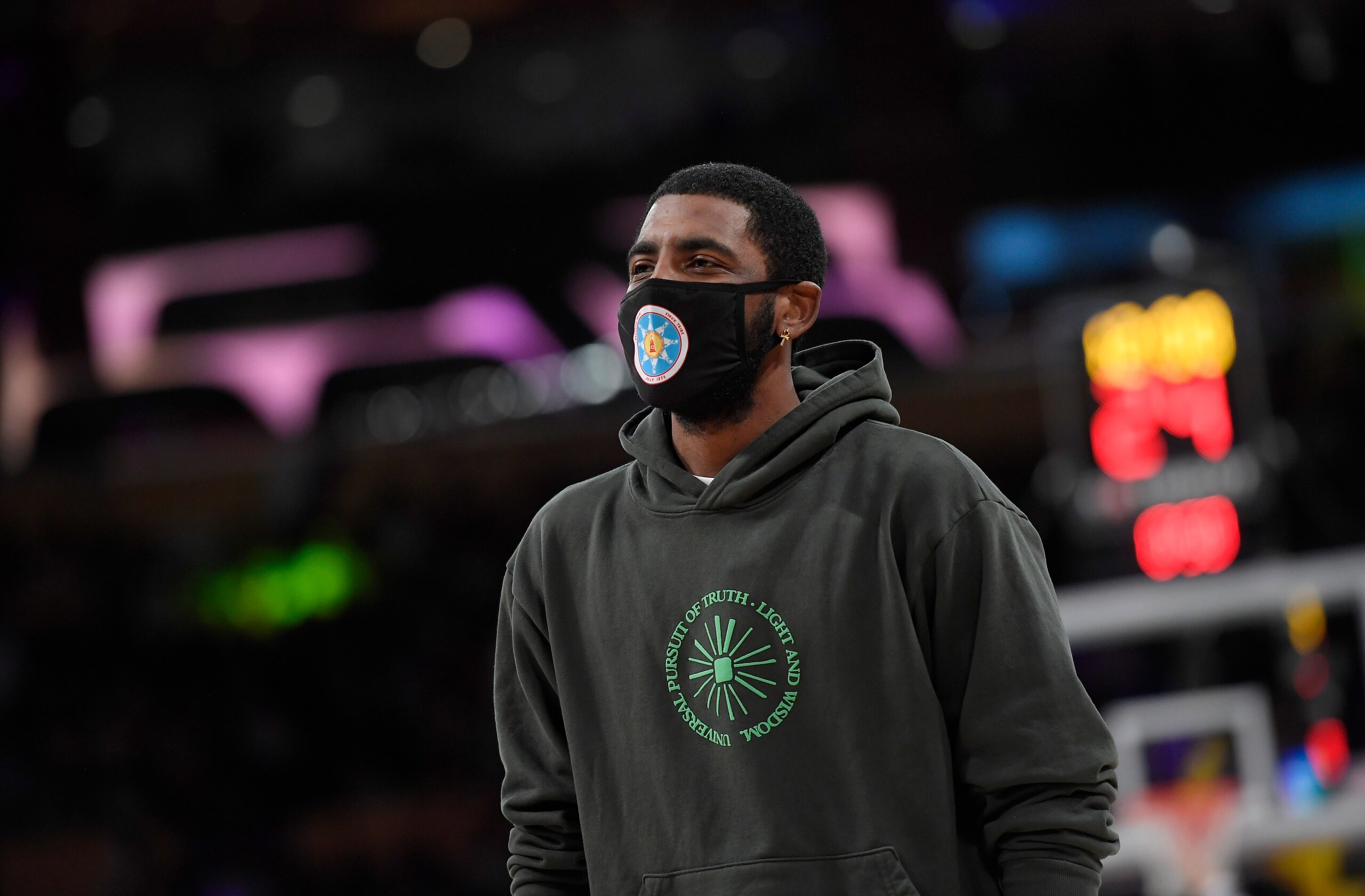 LOS ANGELES, CA - OCTOBER 03: Kyrie Irving #11 of the Brooklyn Nets during a preseason game against the Los Angeles Lakers at Staples Center on October 3, 2021 in Los Angeles, California. NOTE TO USER: User expressly acknowledges and agrees that, by downloading and/or using this Photograph, user is consenting to the terms and conditions of the Getty Images License Agreement. (Photo by Kevork Djansezian/Getty Images) LOS ANGELES, CA - OCTOBER 03: Kyrie Irving #11 of the Brooklyn Nets during a preseason game against the Los Angeles Lakers at Staples Center on October 3, 2021 in Los Angeles, California. NOTE TO USER: User expressly acknowledges and agrees that, by downloading and/or using this Photograph, user is consenting to the terms and conditions of the Getty Images License Agreement. (Photo by Kevork Djansezian/Getty Images)
