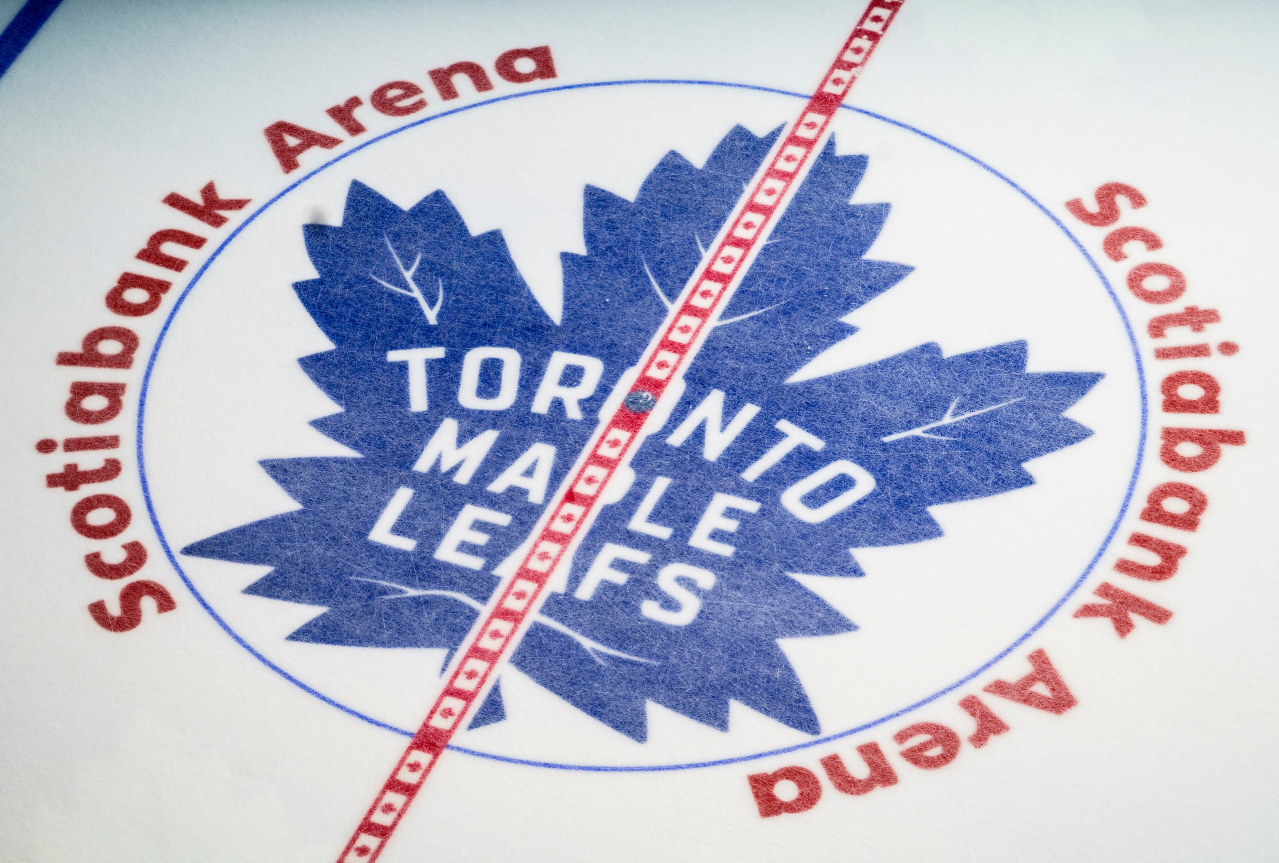 TORONTO, ON - JANUARY 12: Toronto Maple Leafs logo pictured at centre ice at the Scotiabank Arena on January 12, 2019 in Toronto, Ontario, Canada. (Photo by Mark Blinch/NHLI via Getty Images) TORONTO, ON - JANUARY 12: Toronto Maple Leafs logo pictured at centre ice at the Scotiabank Arena on January 12, 2019 in Toronto, Ontario, Canada. (Photo by Mark Blinch/NHLI via Getty Images)