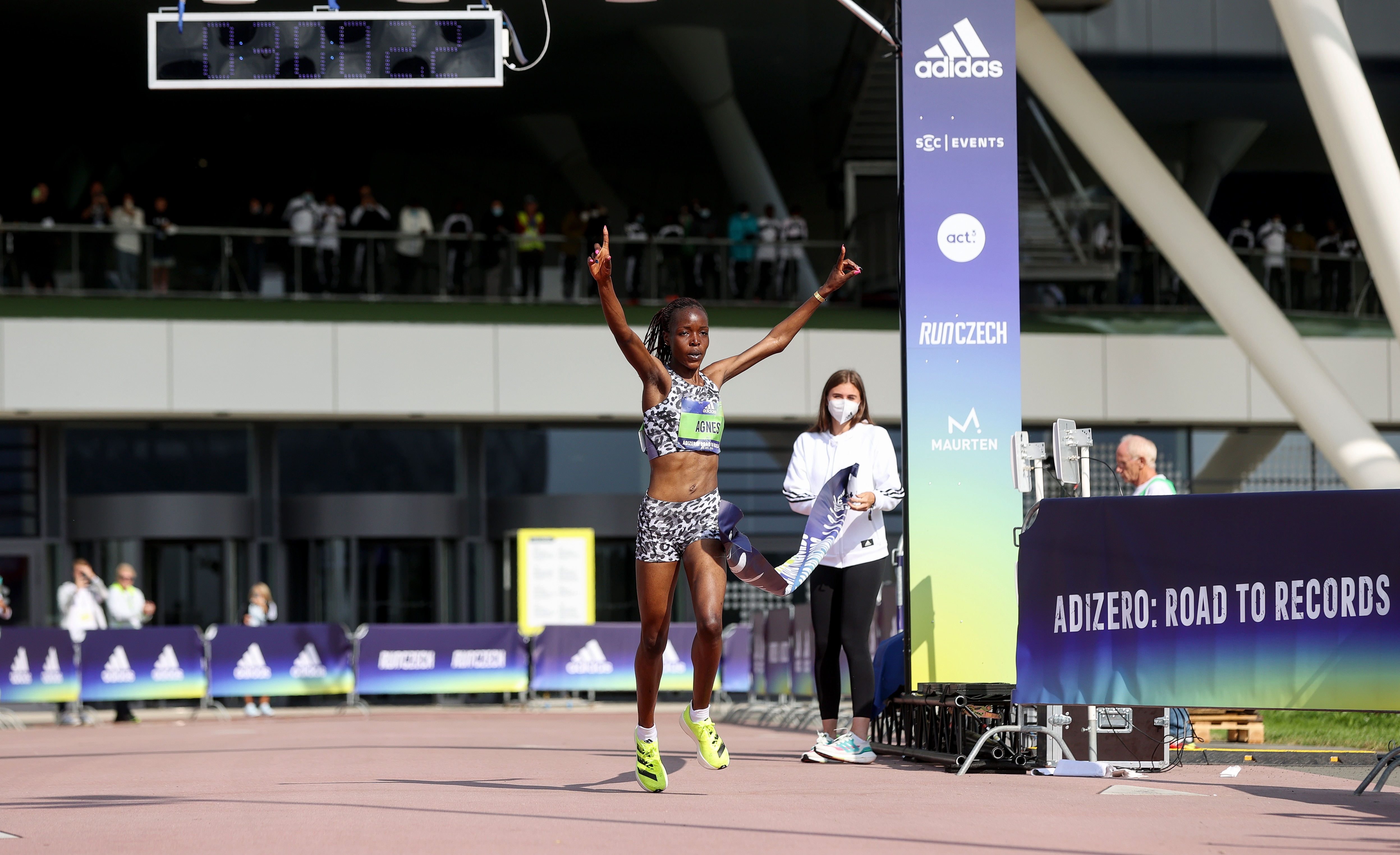 HERZOGENAURACH, GERMANY - SEPTEMBER 12: Agnes Jebet Tirop of Kenya wins the ADIZERO: ROAD TO RECORDS Women's 10km in 30:01 at adidas HQ on September 12, 2021 in Herzogenaurach, Germany. She broke the world record by 29 seconds. (Photo by Alexander Hassenstein/Getty Images for ADIDAS)