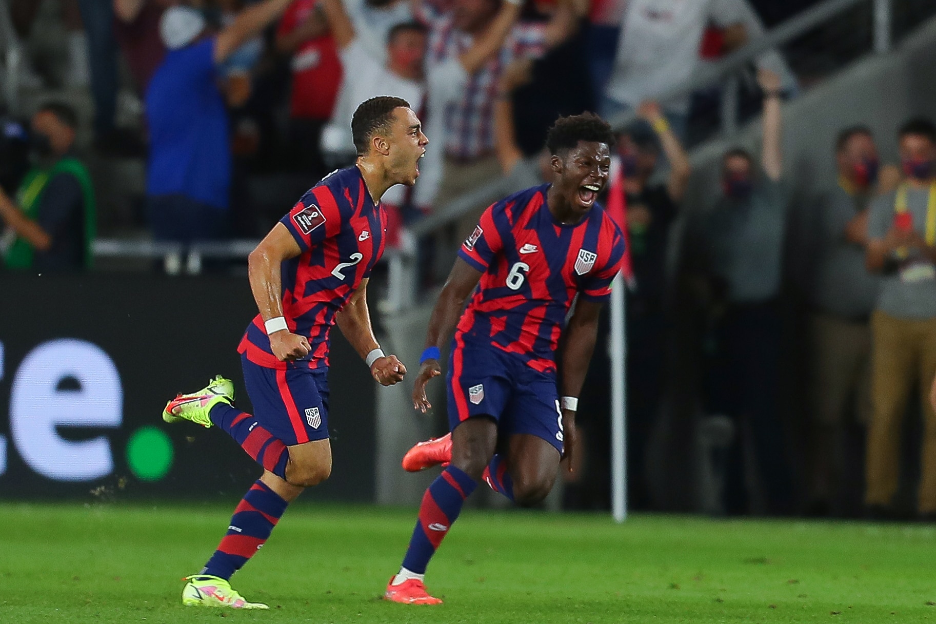 COLUMBUS, OH - OCTOBER 13: Sergiño Dest #2 of United States celebrates with his teammate Yunus Musah #6 after scoring his team's first goal during the FIFA World Cup Qatar 2022 qualifiers match between United States and Costa Rica at Lower.com Field on October 13, 2021 in Columbus, Ohio. (Photo by Omar Vega/Getty Images)