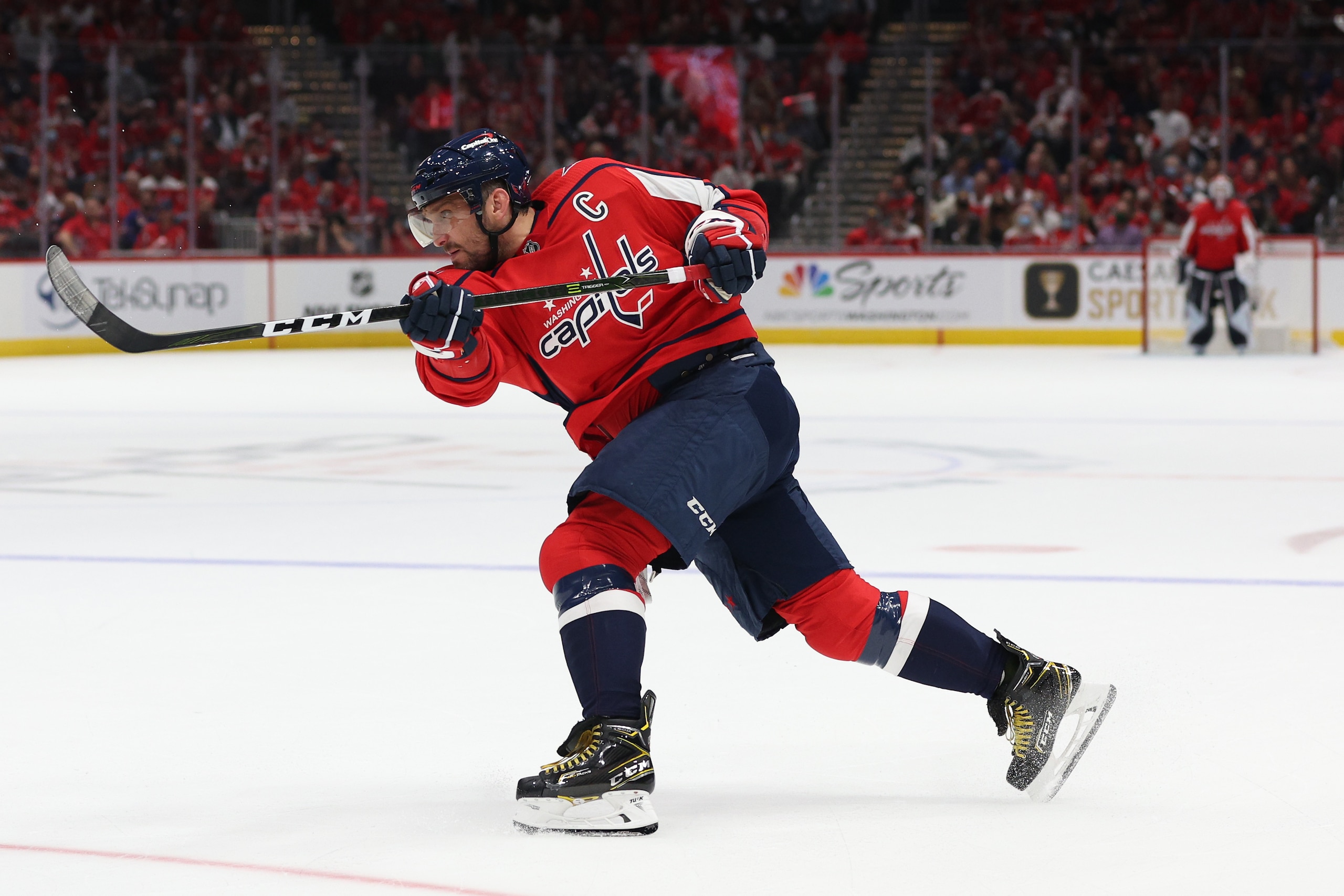 WASHINGTON, DC - OCTOBER 13: Alex Ovechkin #8 of the Washington Capitals shoots the puck against the New York Rangers during the second period at Capital One Arena on October 13, 2021 in Washington, DC. (Photo by Patrick Smith/Getty Images)