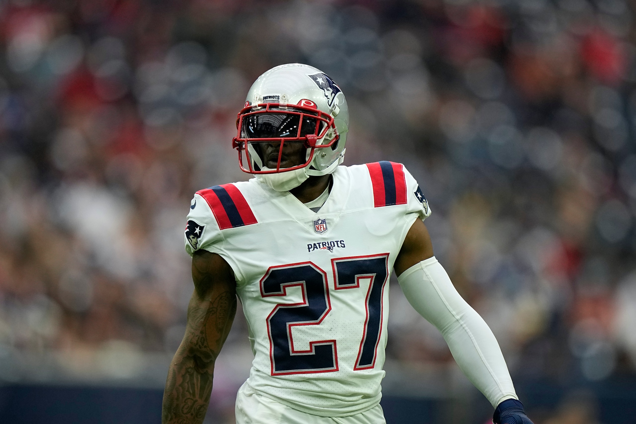 New England Patriots cornerback J.C. Jackson lines up against the Houston Texans during the first half of an NFL football game Sunday, Oct. 10, 2021, in Houston. (AP Photo/Eric Christian Smith)