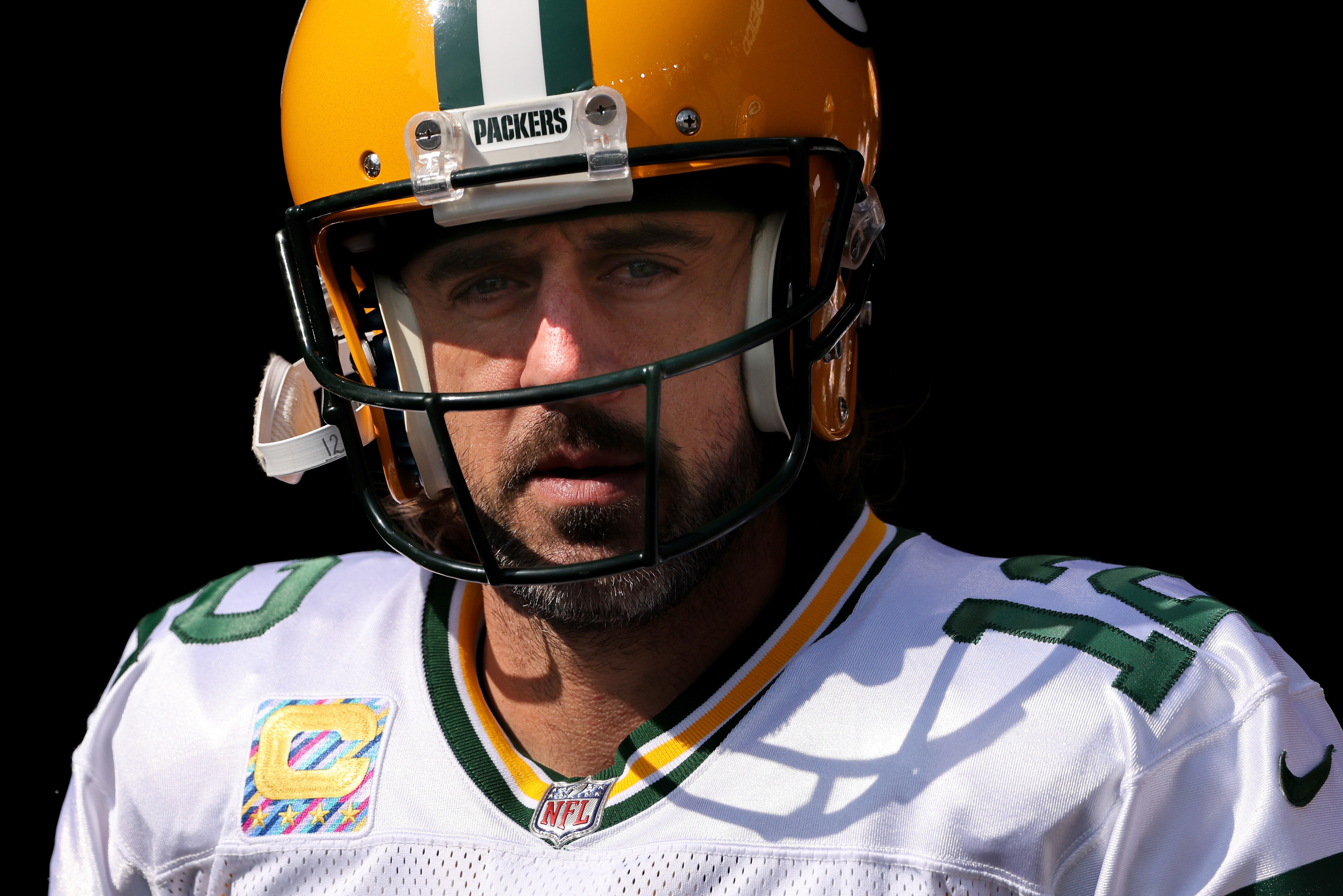 CINCINNATI, OHIO - OCTOBER 10: Aaron Rodgers #12 of the Green Bay Packers looks on before the game against the Cincinnati Bengals at Paul Brown Stadium on October 10, 2021 in Cincinnati, Ohio. (Photo by Dylan Buell/Getty Images)