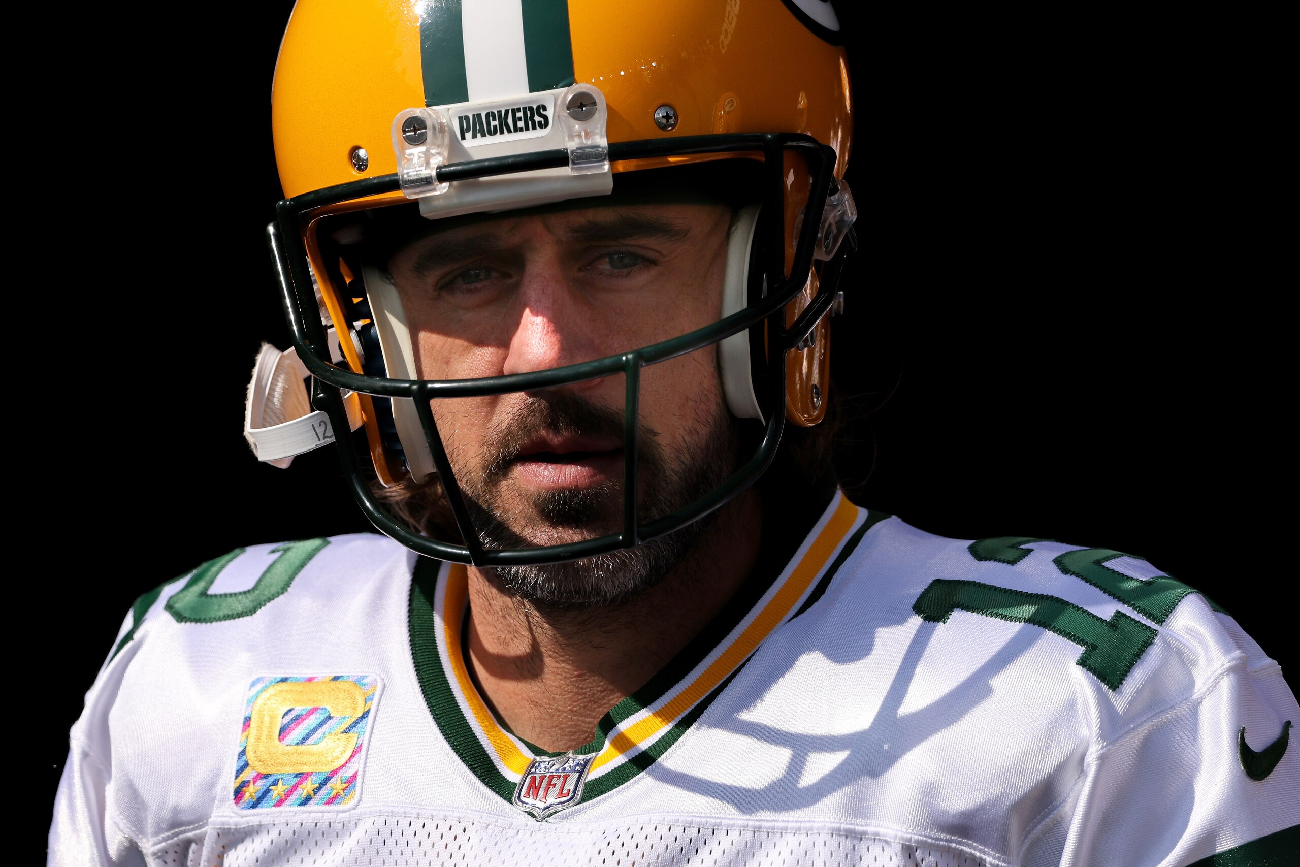 CINCINNATI, OHIO - OCTOBER 10: Aaron Rodgers #12 of the Green Bay Packers looks on before the game against the Cincinnati Bengals at Paul Brown Stadium on October 10, 2021 in Cincinnati, Ohio. (Photo by Dylan Buell/Getty Images)