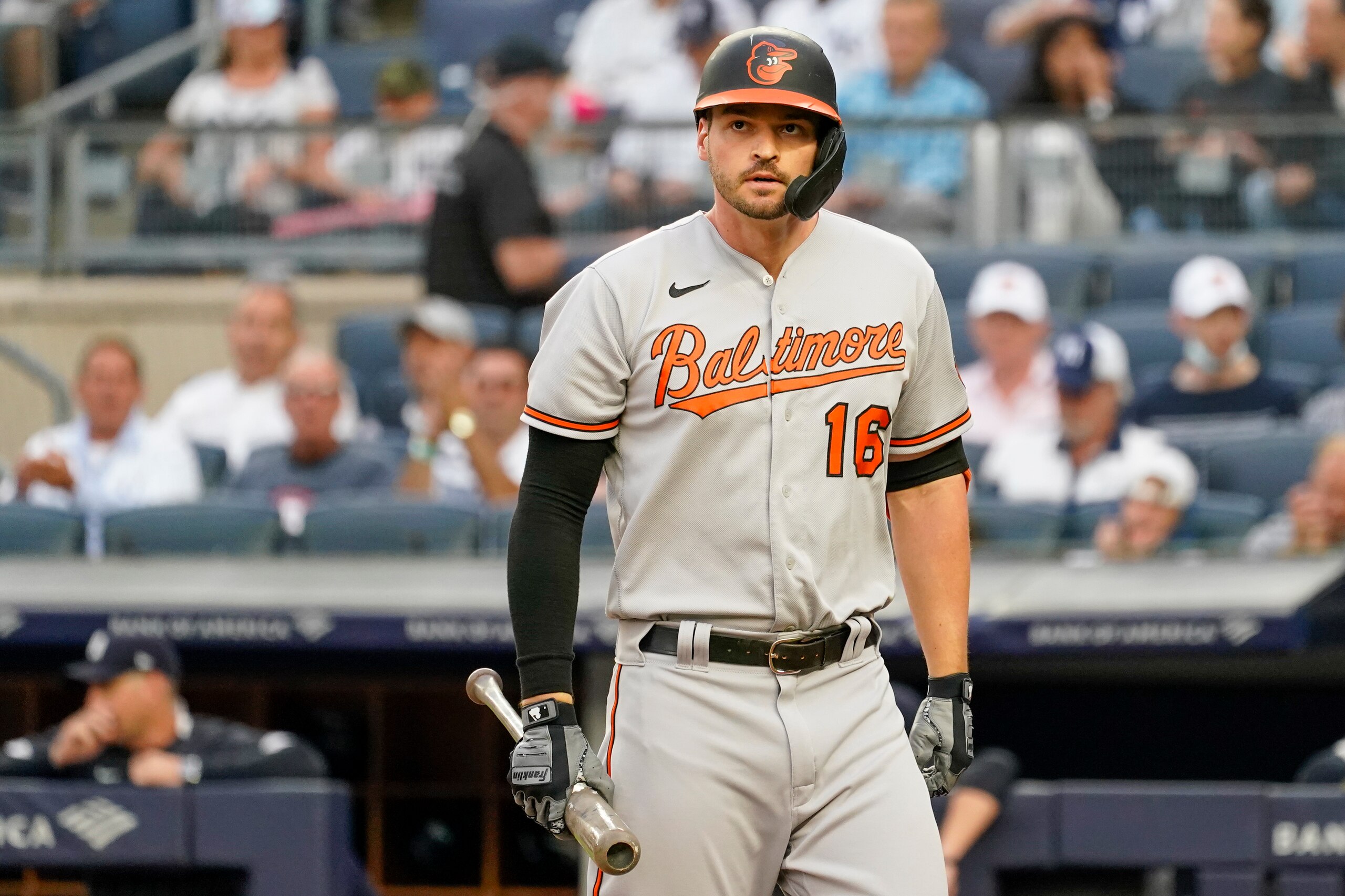 Baltimore Orioles' Trey Mancini in the first inning of a baseball game against the New York Yankees, Wednesday, Aug. 4, 2021, in New York. (AP Photo/Mary Altaffer)