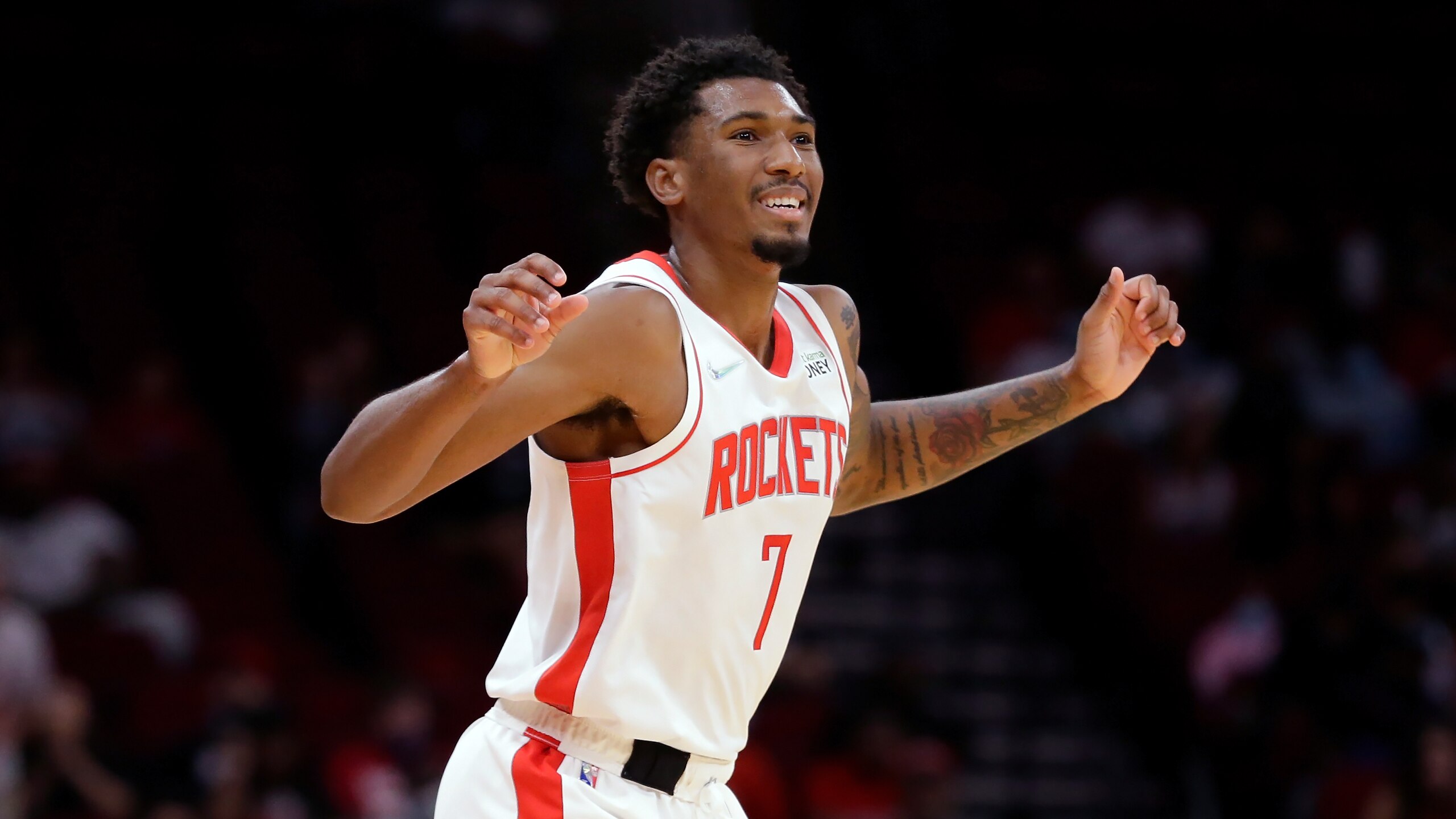 Houston Rockets guard Armoni Brooks (7) during the second half of an NBA preseason basketball game against the Miami Heat Thursday, Oct. 7, 2021, in Houston. (AP Photo/Michael Wyke)