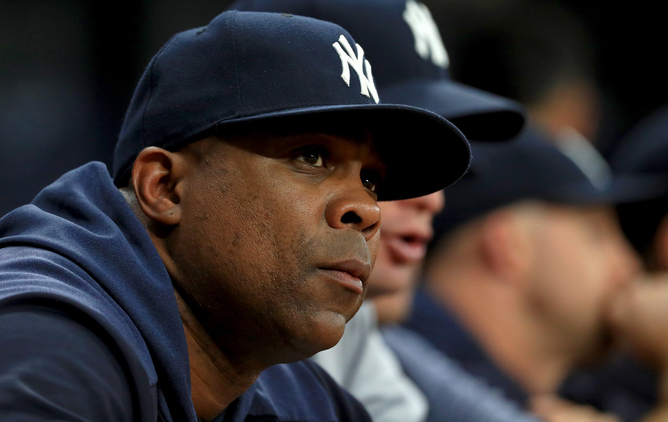 ST PETERSBURG, FLORIDA - SEPTEMBER 24: Hitting coach Marcus Thames #62 of the New York Yankees looks on during a game against the Tampa Bay Rays at Tropicana Field on September 24, 2019 in St Petersburg, Florida. (Photo by Mike Ehrmann/Getty Images)