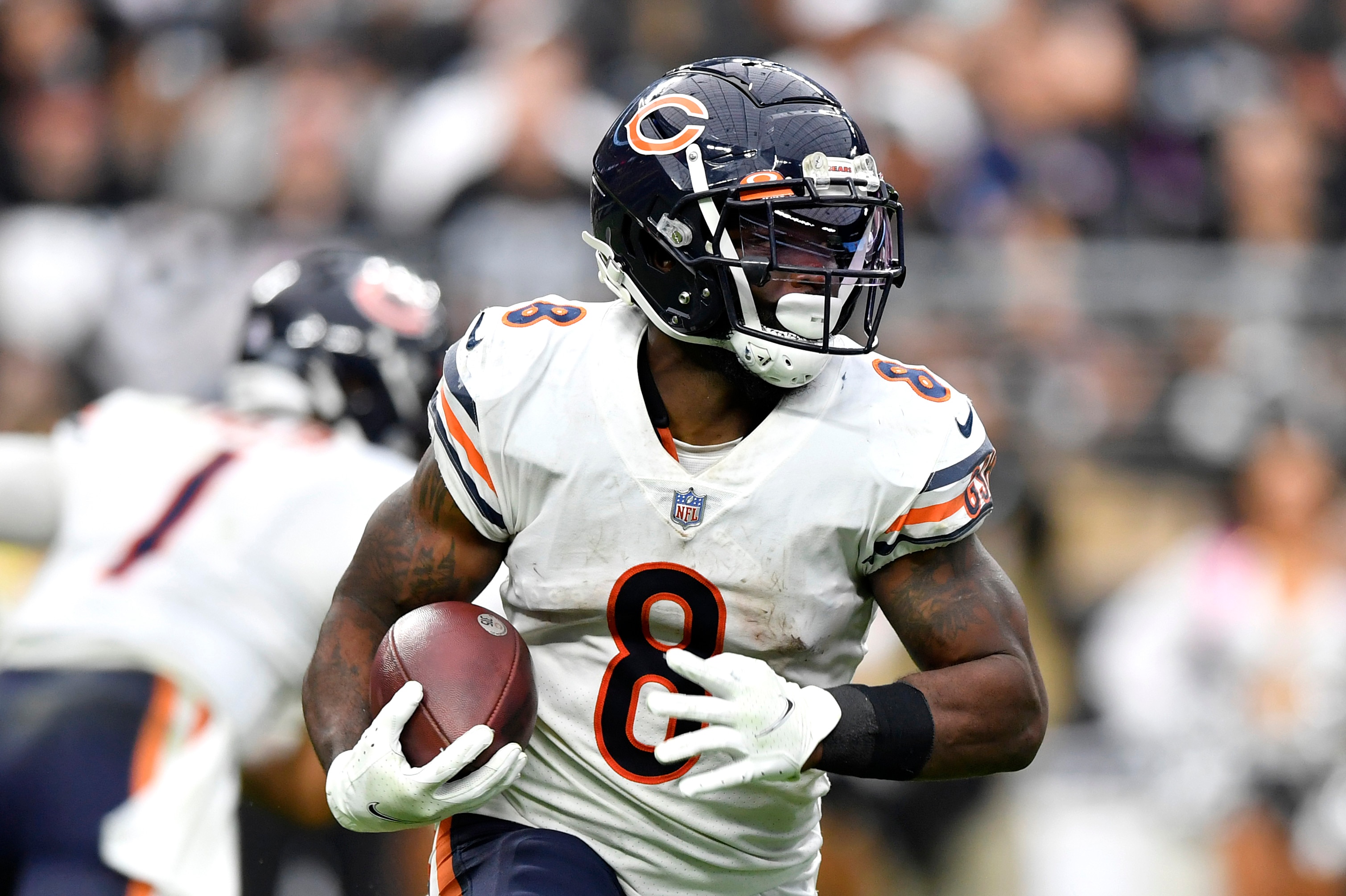 LAS VEGAS, NEVADA - OCTOBER 10: Damien Williams #8 of the Chicago Bears runs with the ball during the second half against the Las Vegas Raiders at Allegiant Stadium on October 10, 2021 in Las Vegas, Nevada. (Photo by Chris Unger/Getty Images)