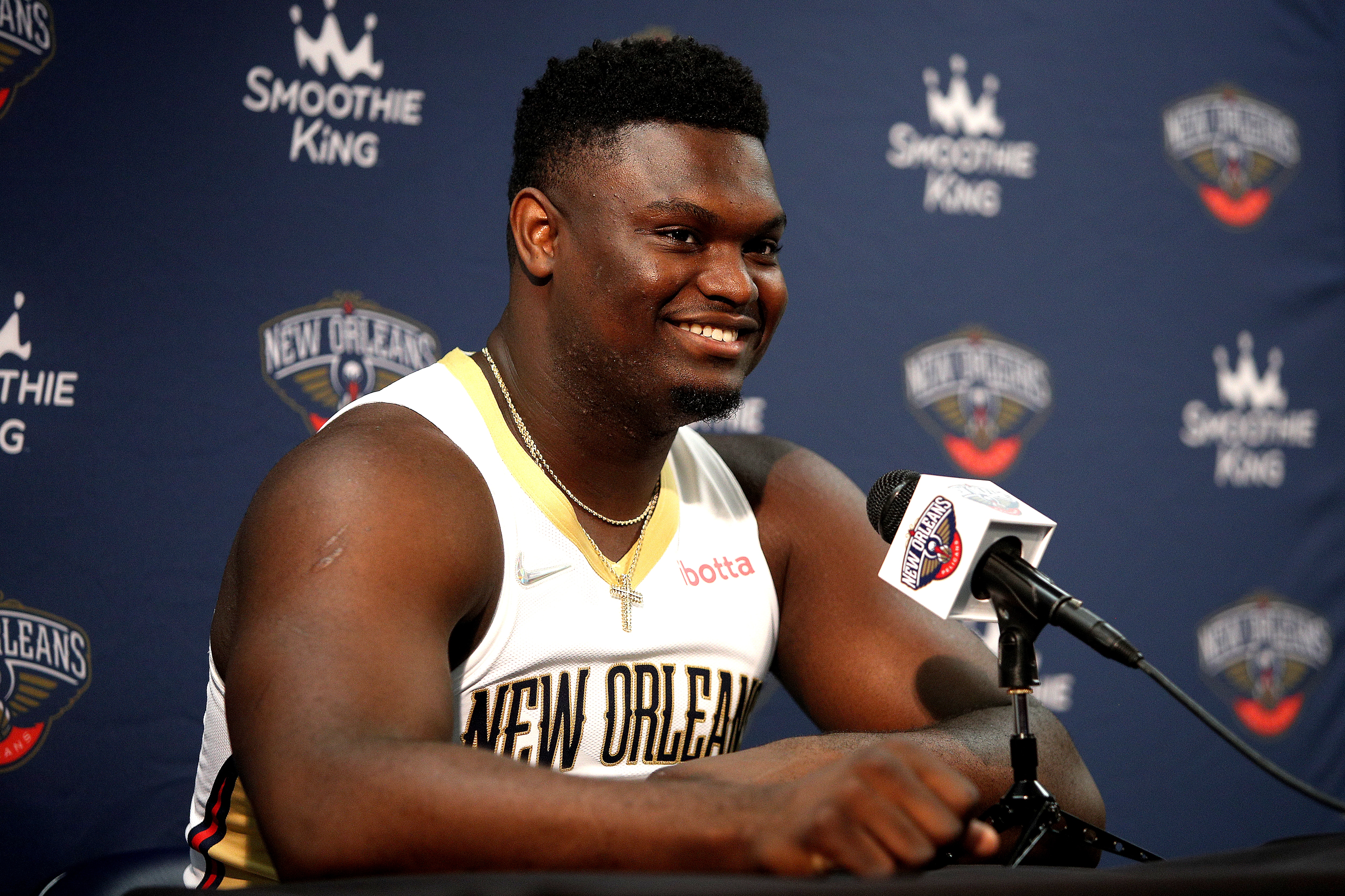 NEW ORLEANS, LOUISIANA - SEPTEMBER 27: Zion Williamson #1 of the New Orleans Pelicans speaks to members of the media during Media Day at Smoothie King Center on September 27, 2021 in New Orleans, Louisiana. NOTE TO USER: User expressly acknowledges and agrees that, by downloading and or using this photograph, User is consenting to the terms and conditions of the Getty Images License Agreement. (Photo by Sean Gardner/Getty Images)