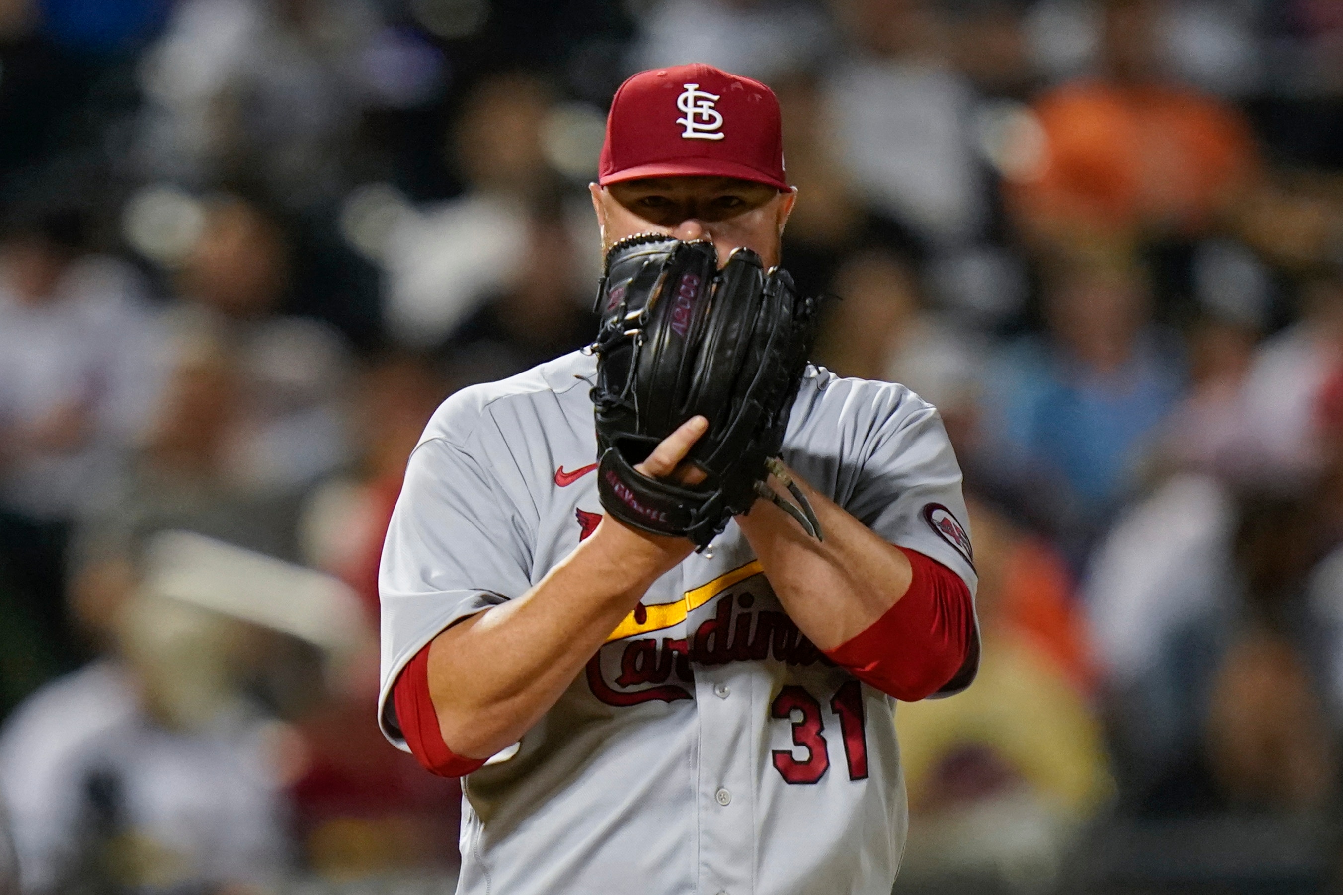 St. Louis Cardinals starting pitcher Jon Lester during the third inning of a baseball game against the New York Mets Wednesday, Sept. 15, 2021, in New York. (AP Photo/Frank Franklin II)