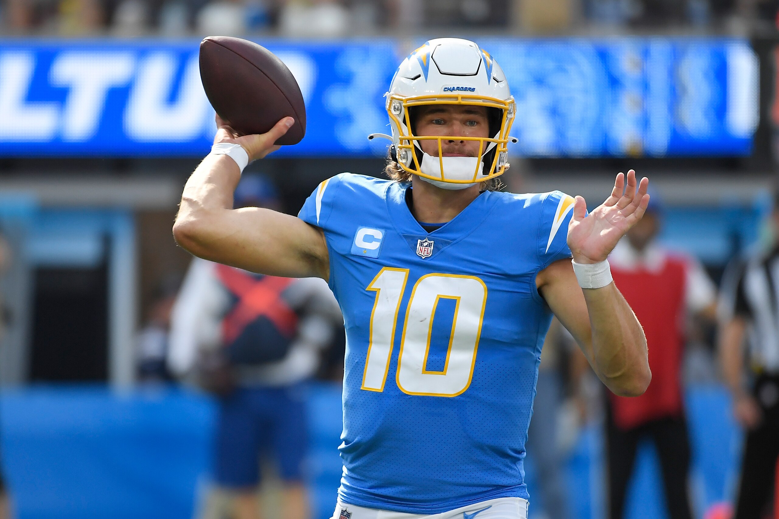 Los Angeles Chargers quarterback Justin Herbert throws during the second half of an NFL football game against the Cleveland Browns Sunday, Oct. 10, 2021, in Inglewood, Calif. (AP Photo/Kevork Djansezian)