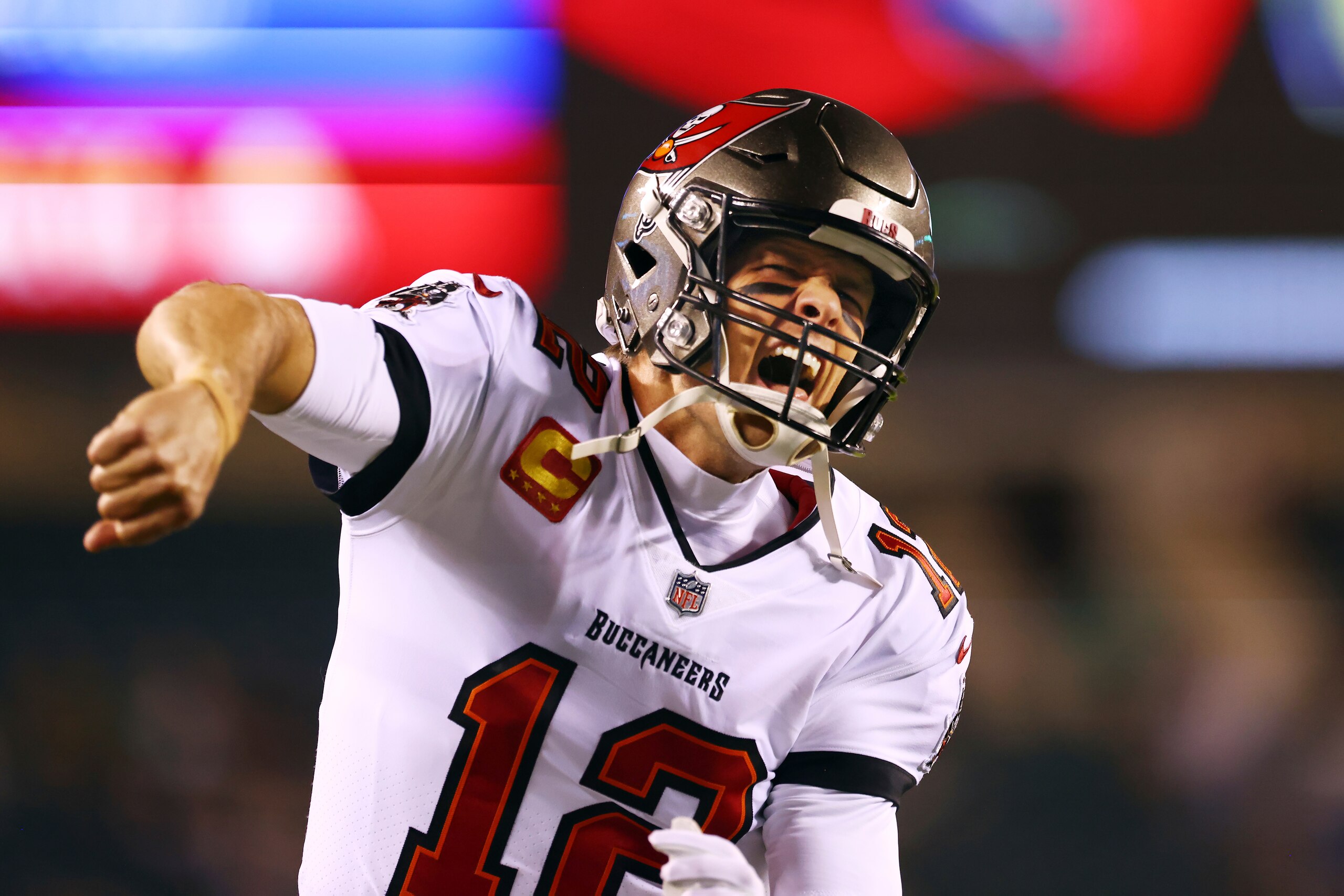 Tampa Bay Buccaneers quarterback Tom Brady (12) reacts before an NFL football game against the Philadelphia Eagles, Thursday, Oct. 14, 2021, in Philadelphia. (AP Photo/Rich Schultz)