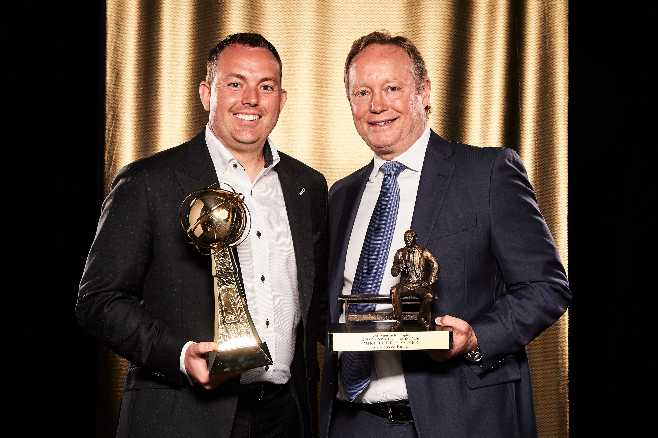 SANTA MONICA, CA - JUNE 24: Jon Horst, Executive of the Year and Mike Budenholzer, Coach of the Year, of the Milwaukee Bucks pose for a portrait during the 2019 NBA Awards Show at the Barker Hangar on June 24, 2019 in Santa Monica, California. NOTE TO USER: User expressly acknowledges and agrees that, by downloading and/or using this Photograph, user is consenting to the terms and conditions of the Getty Images License Agreement. Mandatory Copyright Notice: Copyright 2019 NBAE (Photo by Jennifer Pottheiser/NBAE via Getty Images) SANTA MONICA, CA - JUNE 24: Jon Horst, Executive of the Year and Mike Budenholzer, Coach of the Year, of the Milwaukee Bucks pose for a portrait during the 2019 NBA Awards Show at the Barker Hangar on June 24, 2019 in Santa Monica, California. NOTE TO USER: User expressly acknowledges and agrees that, by downloading and/or using this Photograph, user is consenting to the terms and conditions of the Getty Images License Agreement. Mandatory Copyright Notice: Copyright 2019 NBAE (Photo by Jennifer Pottheiser/NBAE via Getty Images)