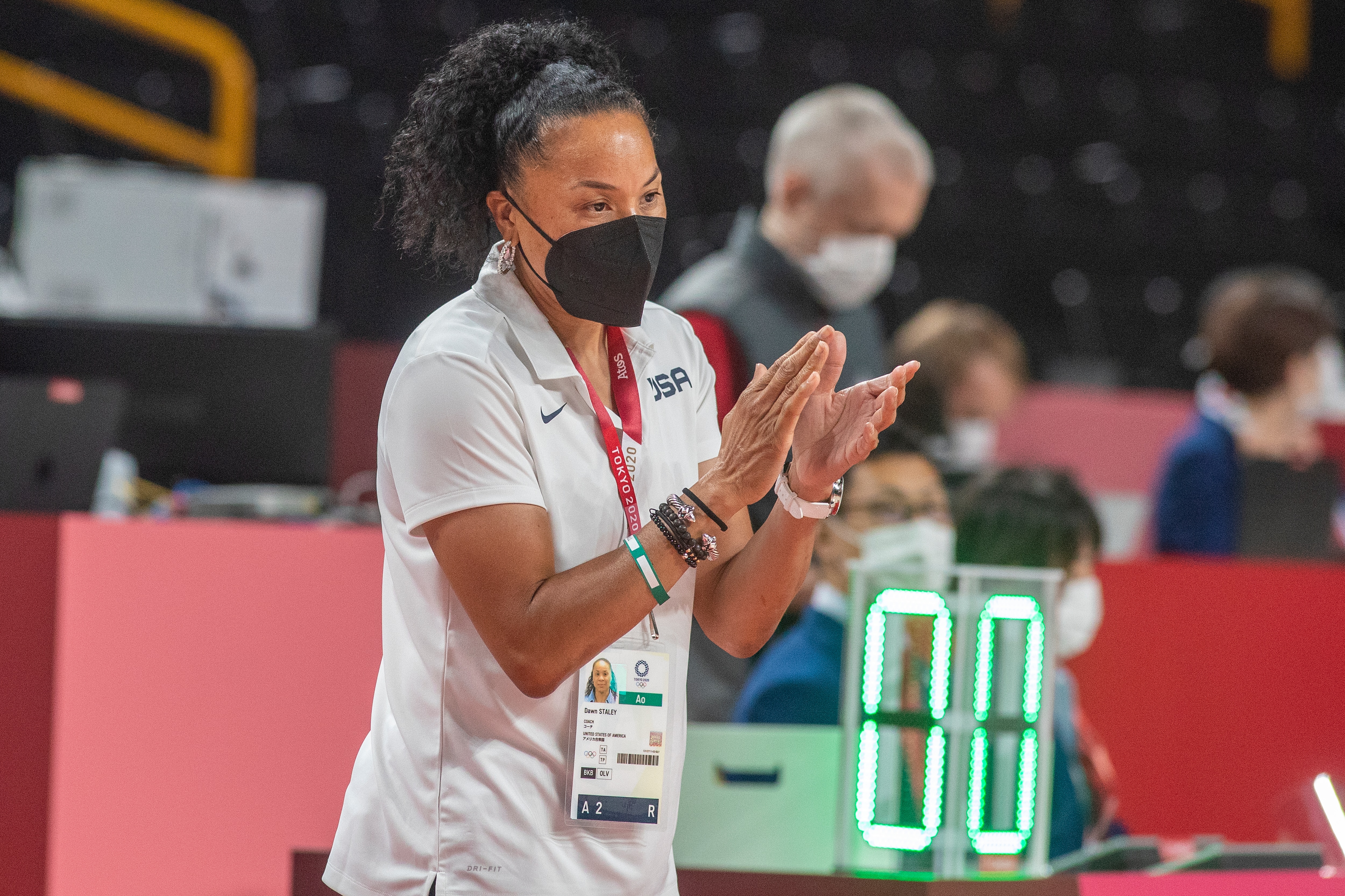 TOKYO, JAPAN August 4: Dawn Staley, head coach of Team United States during the USA V Australia quarter final match in the basketball competition for women at the Saitama Super Arena during the Tokyo 2020 Summer Olympic Games on August 4, 2021 in Tokyo, Japan. (Photo by Tim Clayton/Corbis via Getty Images)