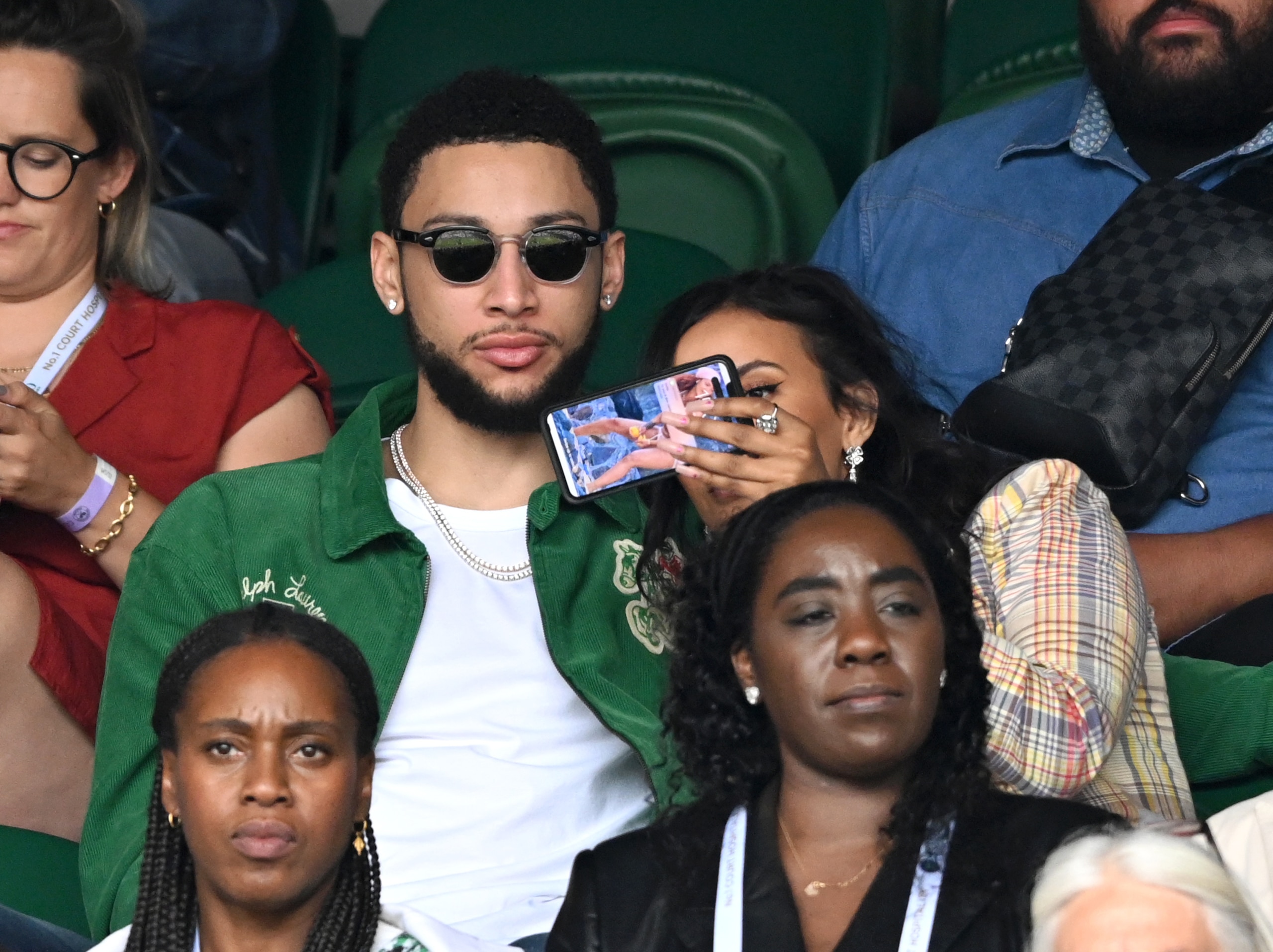 LONDON, ENGLAND - JULY 05: Maya Jama and Ben Simmons attend day 7 of the Wimbledon Tennis Championships at the All England Lawn Tennis and Croquet Club on July 05, 2021 in London, England. (Photo by Karwai Tang/WireImage)