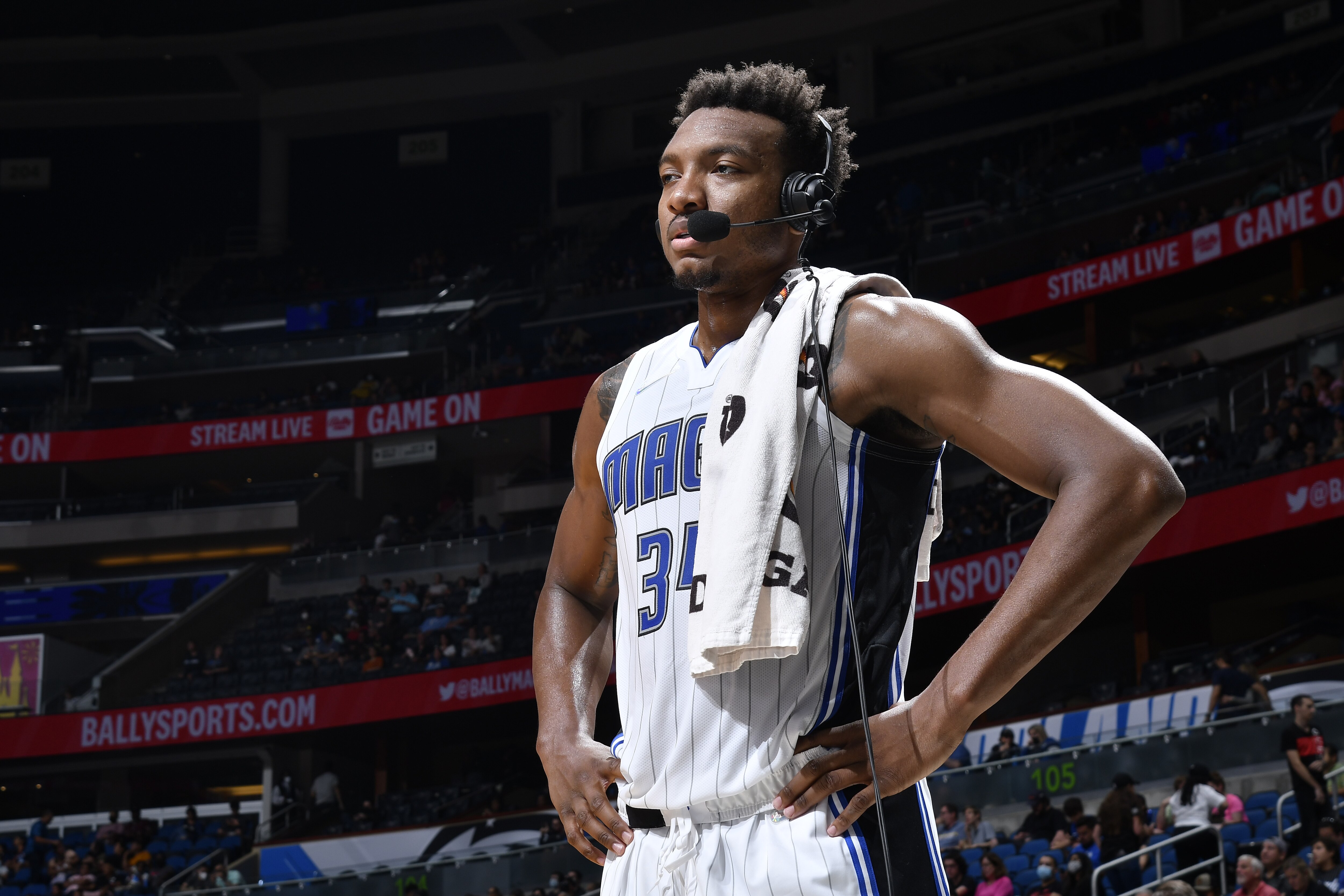 ORLANDO, FL - OCTOBER 10: Wendell Carter Jr. #34 of the Orlando Magic is interviewed during a preseason game against the San Antonio Spurs on October 10, 2021 at Amway Center in Orlando, Florida. NOTE TO USER: User expressly acknowledges and agrees that, by downloading and or using this photograph, User is consenting to the terms and conditions of the Getty Images License Agreement. Mandatory Copyright Notice: Copyright 2021 NBAE (Photo by Fernando Medina/NBAE via Getty Images)