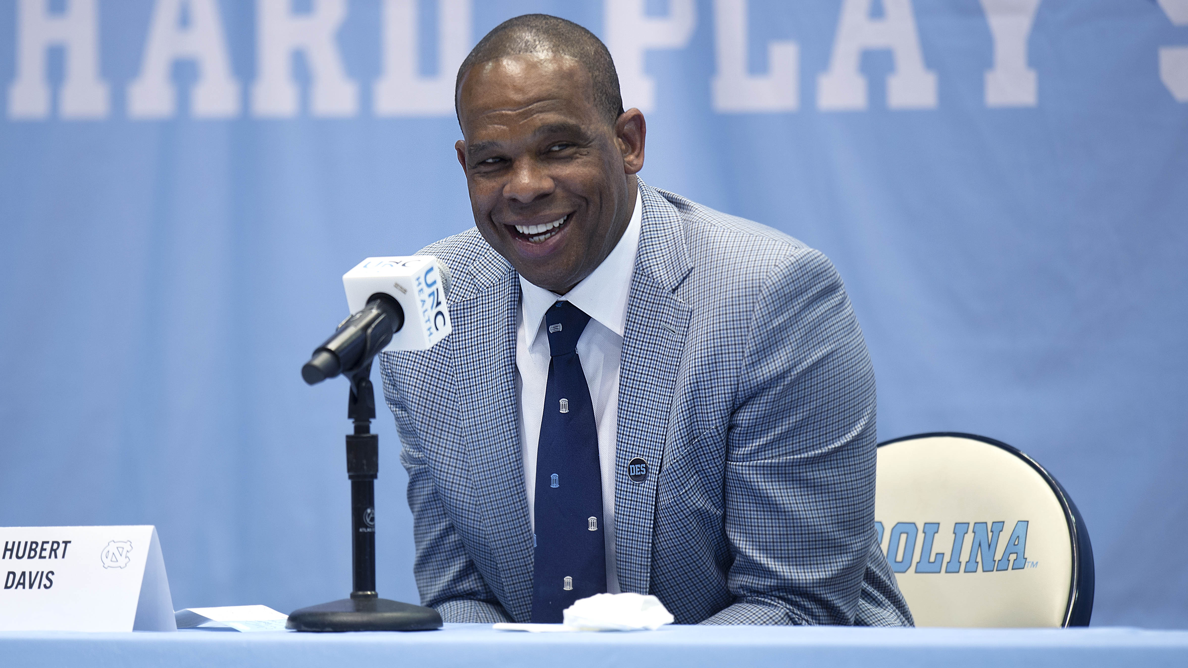 CHAPEL HILL, NC - APRIL 06: Hubert Davis speaks at a press conference introducing him as the new men's head basketball coach at the University of North Carolina at Dean E. Smith Center on April 6, 2021 in Chapel Hill, North Carolina. (Photo by Jeffrey Camarati/Getty Images)