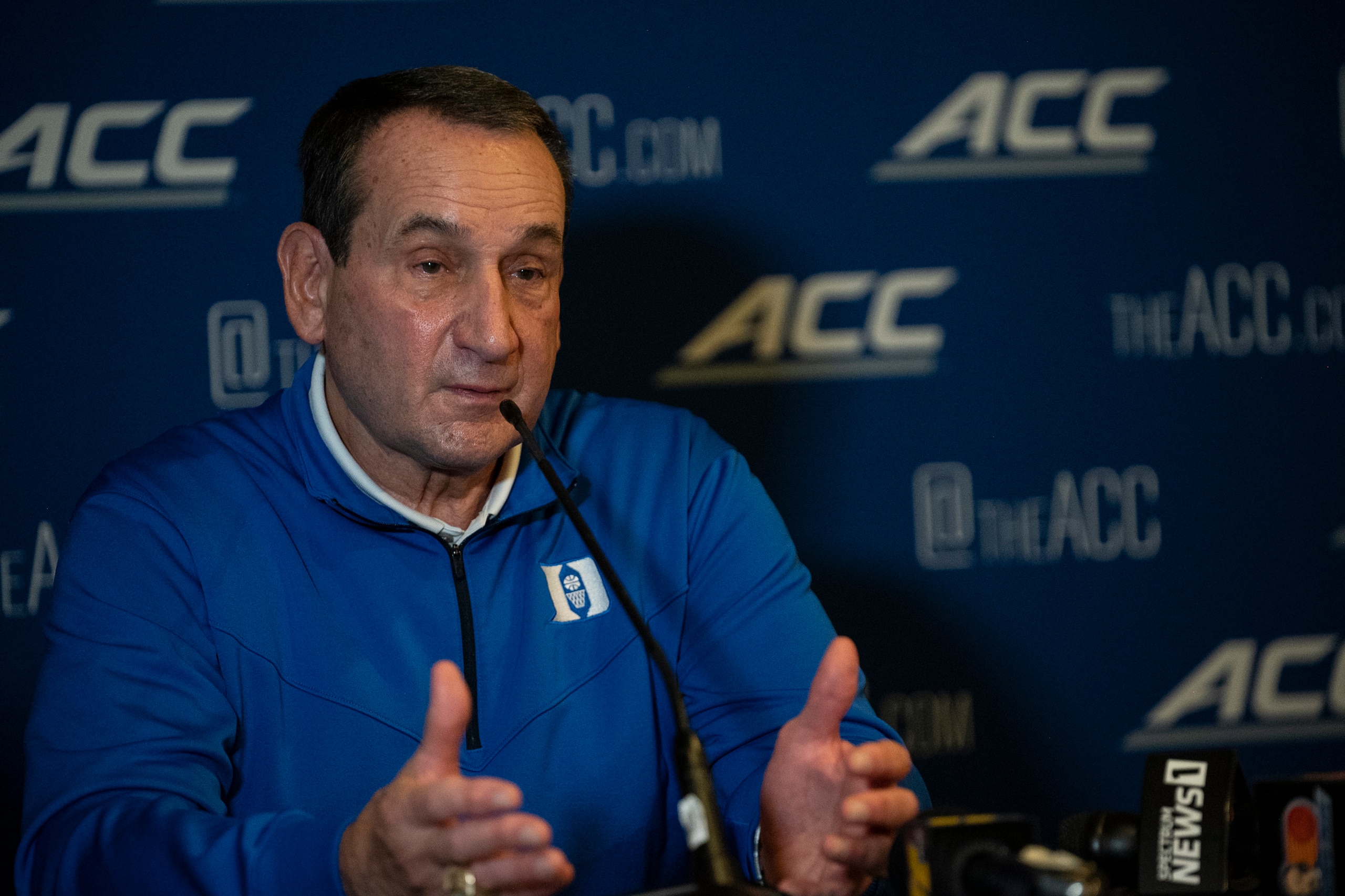 Duke head coach Mike Krzyzewski speaks to the media about his final season during NCAA college basketball Atlantic Coast Conference media day, Tuesday, Oct. 12, 2021, in Charlotte, N.C. (AP Photo/Matt Kelley)