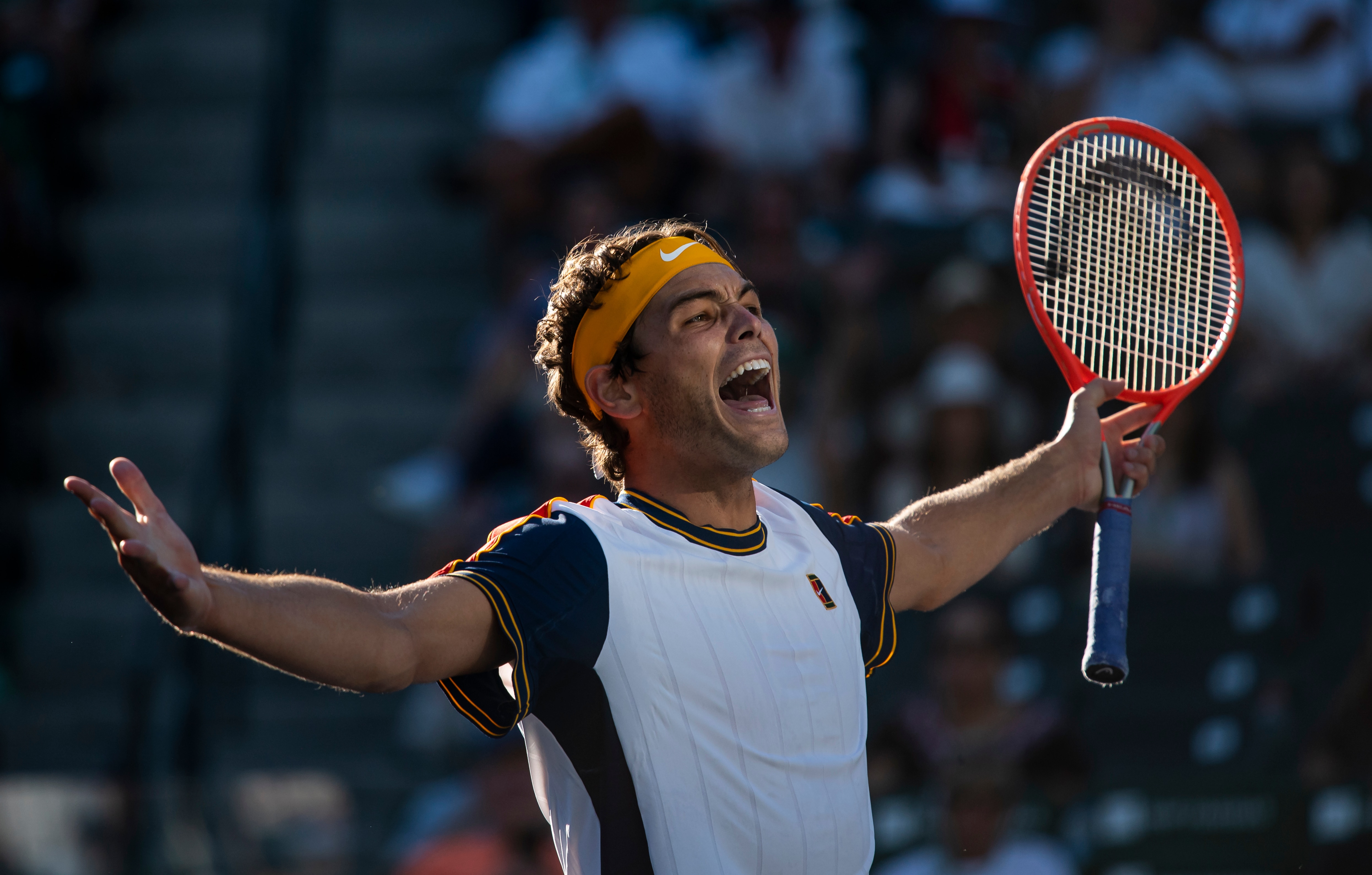 INDIAN WELLS, CALIFORNIA - OCTOBER 15: Taylor Fritz of the United States celebrates his victory over Alexander Zverev of Germany in the quarterfinals of the BNP Paribas Open at the Indian Wells Tennis Garden on October 15, 2021 in Indian Wells, California. (Photo by TPN/Getty Images)