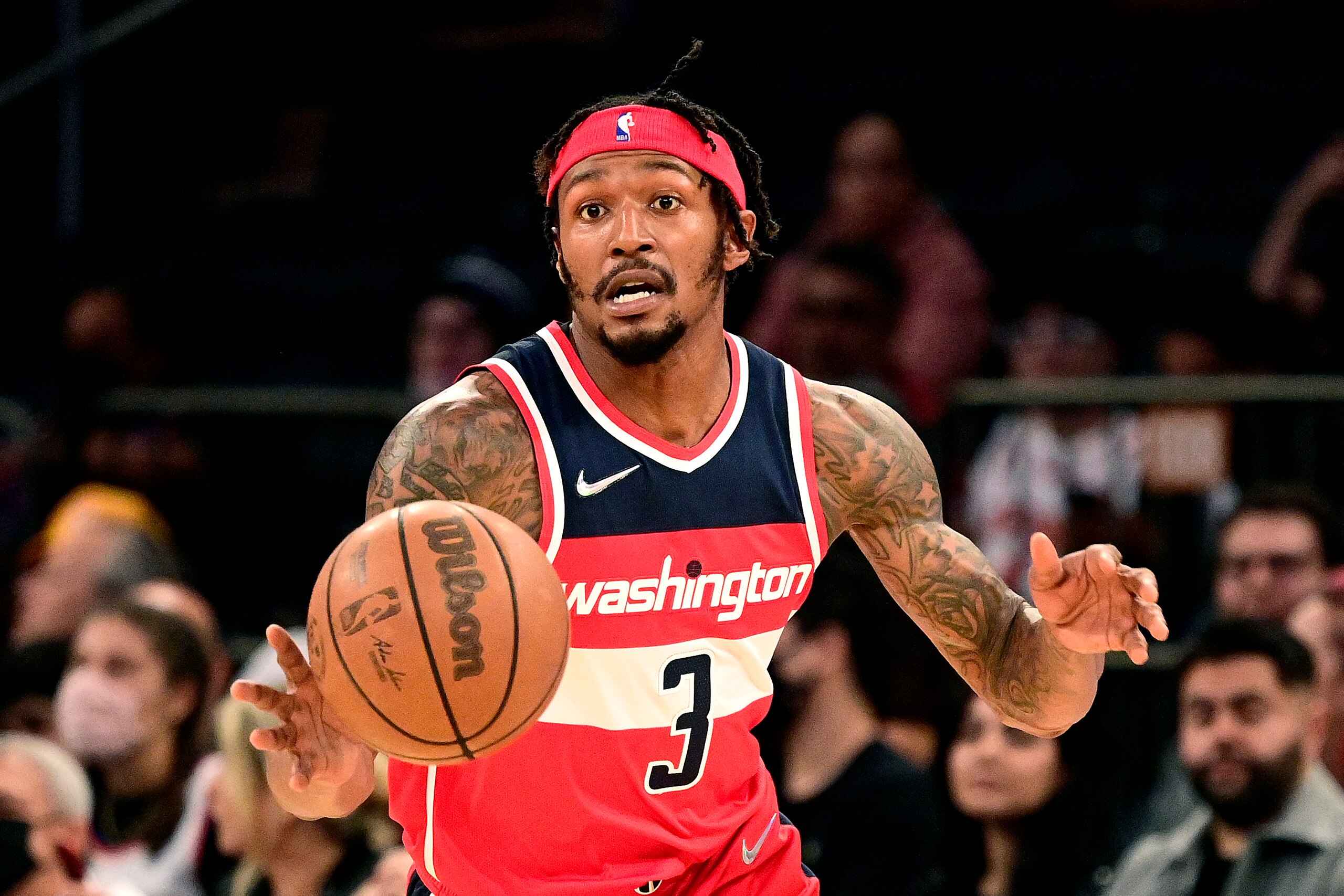 NEW YORK, NEW YORK - OCTOBER 15:  Bradley Beal #3 of the Washington Wizards handles the ball on offense against the New York Knicks during a preseason game at Madison Square Garden on October 15, 2021 in New York City. NOTE TO USER: User expressly acknowledges and agrees that, by downloading and or using this photograph, user is consenting to the terms and conditions of the Getty Images License Agreement. (Photo by Steven Ryan/Getty Images)