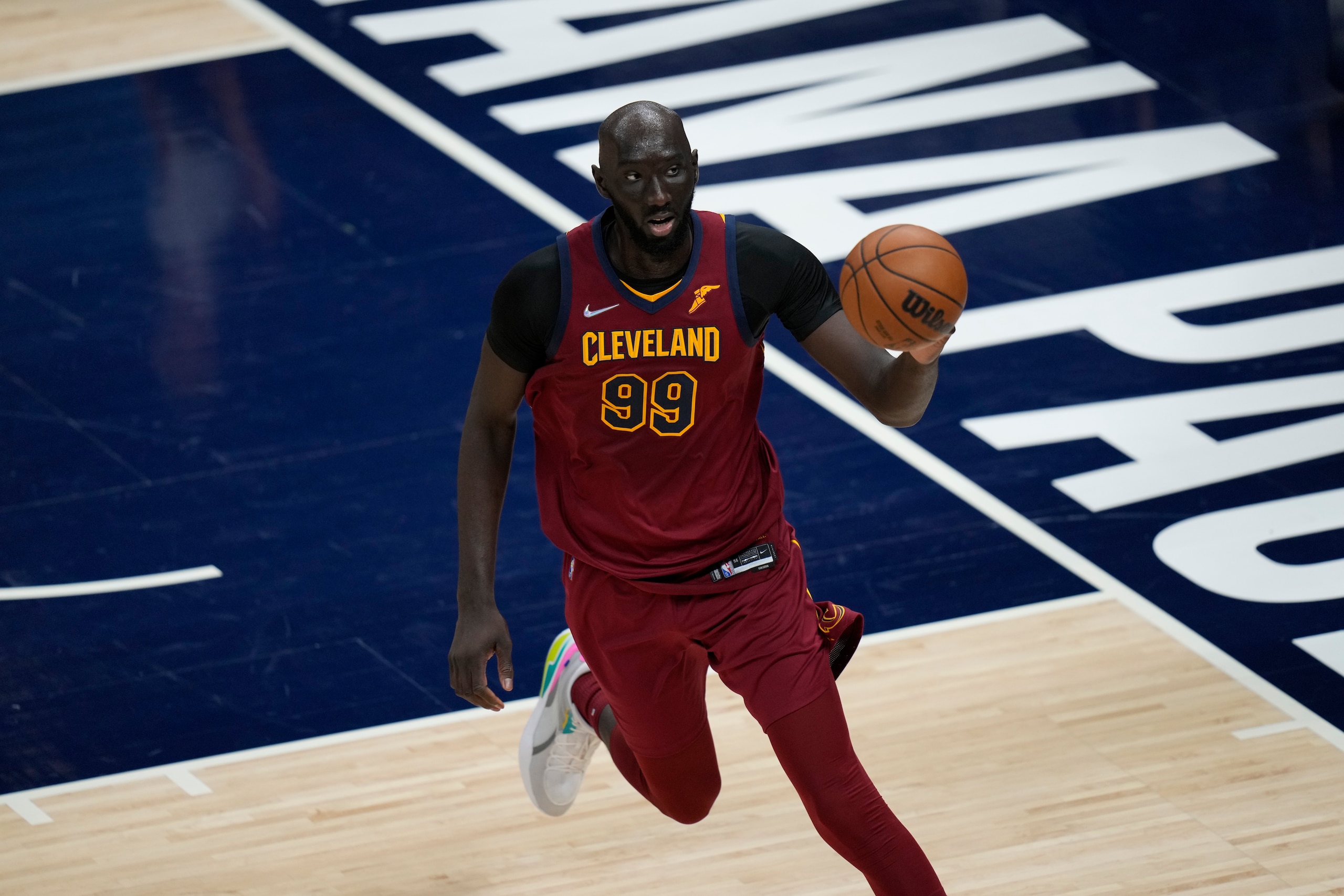 Cleveland Cavaliers center Tacko Fall (99) in action as the Indiana Pacers played the Cleveland Cavaliers in an NBA preseason basketball game in Indianapolis, Friday, Oct. 15, 2021. (AP Photo/AJ Mast)