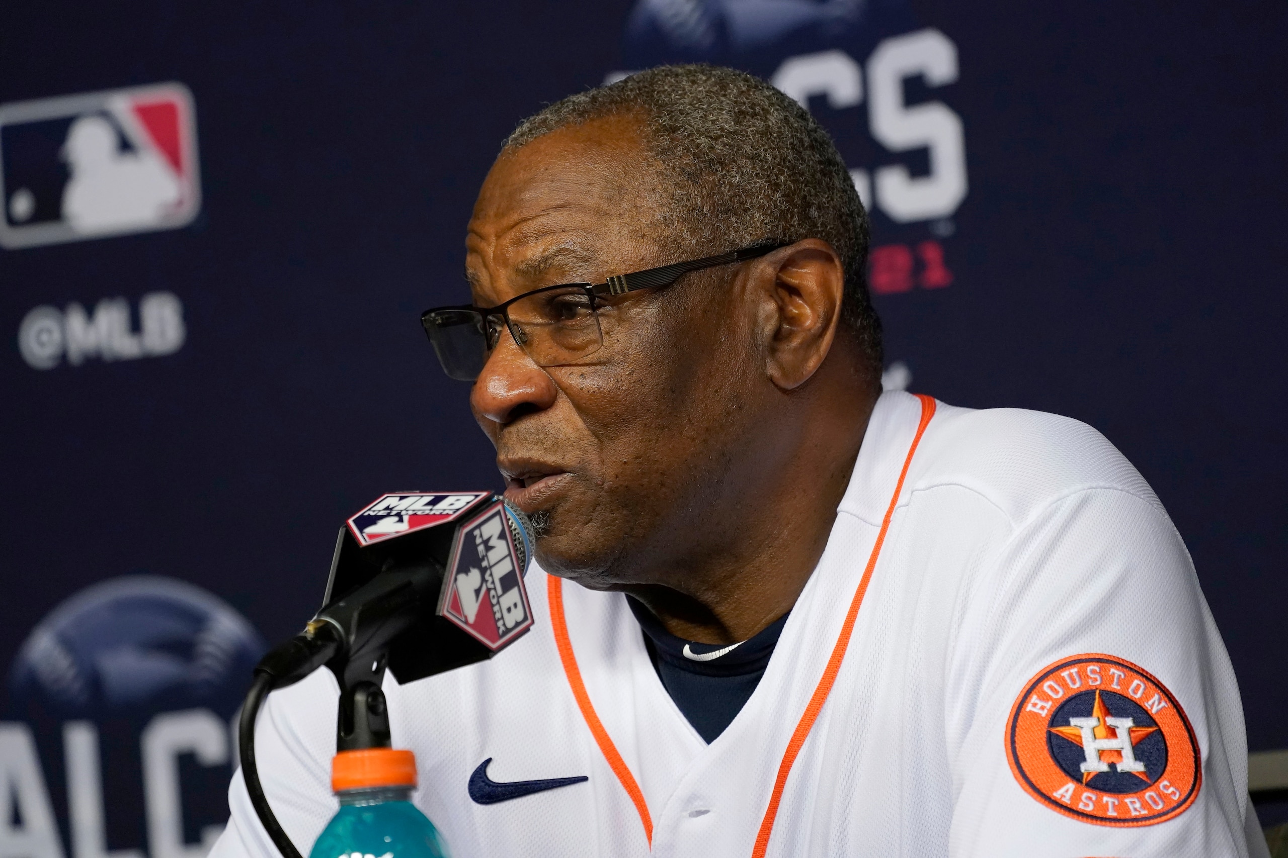 Houston Astros manager Dusty Baker responds to questions during a baseball news conference in Houston, Thursday, Oct. 14, 2021. The Astros host the Boston Red Sox in Game 1 of the American League Championship Series on Friday. (AP Photo/Tony Gutierrez)