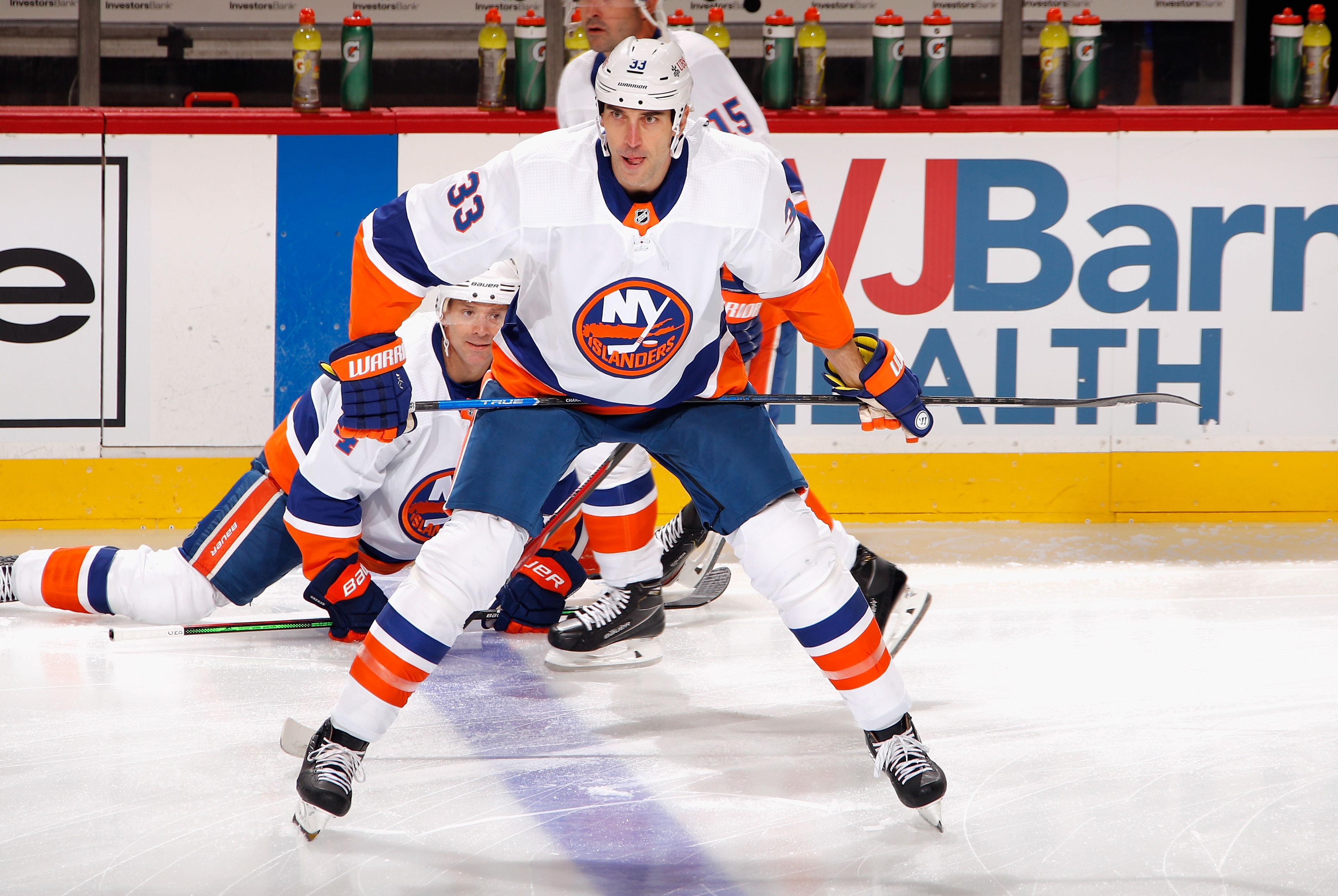 NEWARK, NEW JERSEY - OCTOBER 07: Zdeno Chara #33 of the New York Islanders skates in warm-ups prior to the preseason game against the New Jersey Devils at the Prudential Center on October 07, 2021 in Newark, New Jersey. (Photo by Bruce Bennett/Getty Images)