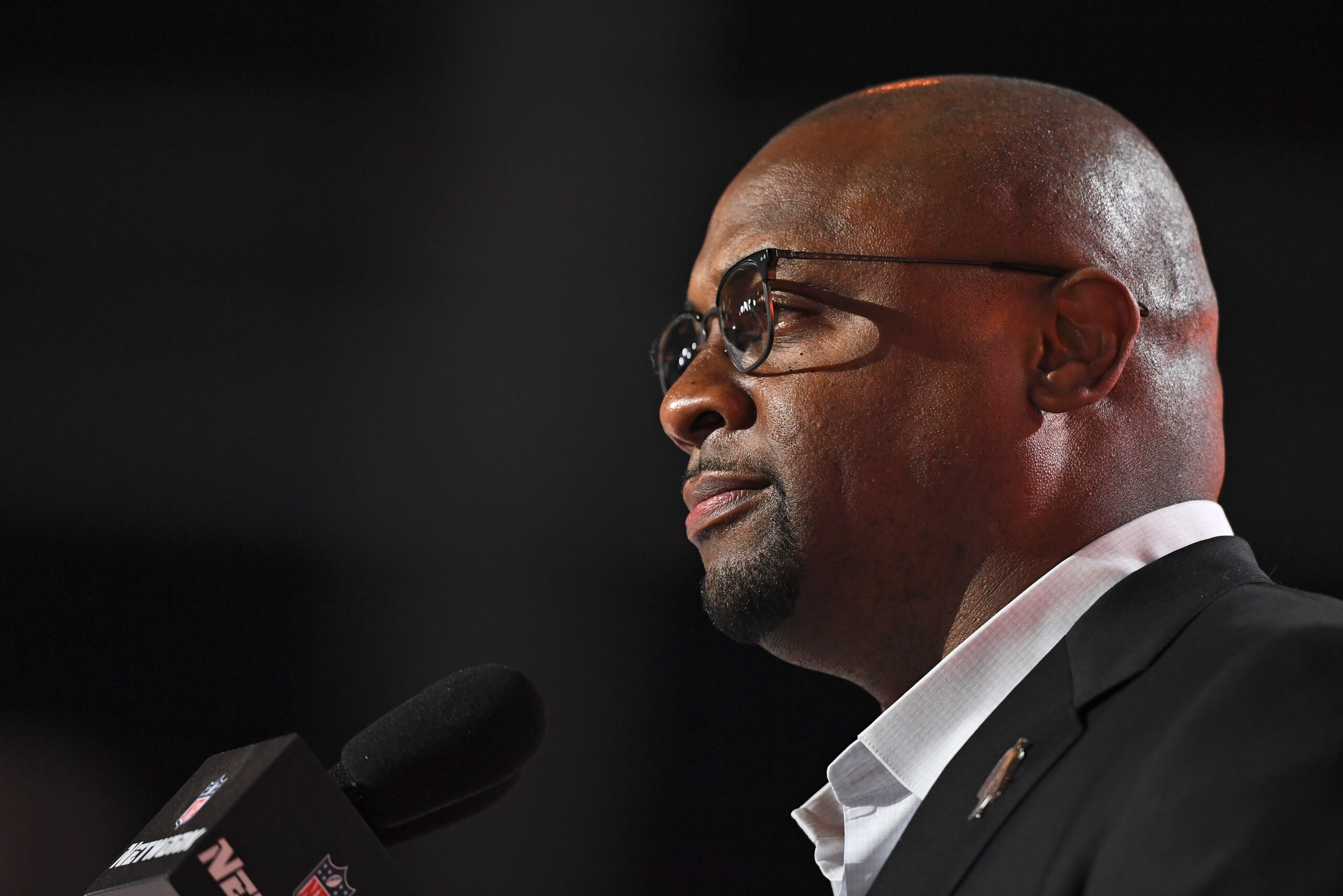 Troy Vincent announces Andre Cisco, safety for Syracuse, in the third round of the NFL football draft, Friday, April 30, 2021, in Cleveland. (AP Photo/David Dermer)