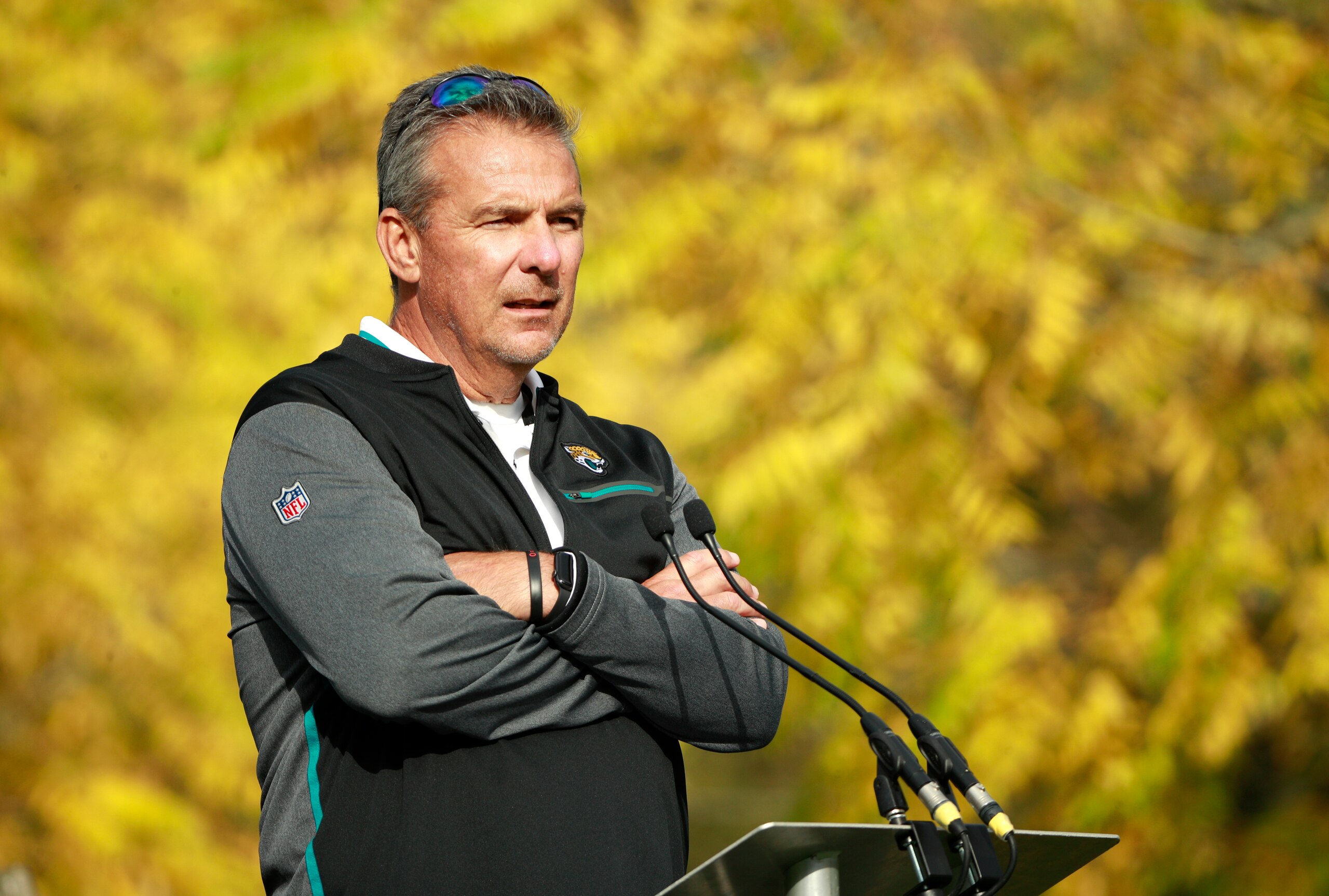 Jacksonville Jaguars head coach Urban Meyer listens to a question during a practice and media availability by the Jacksonville Jaguars at Chandlers Cross, England, Friday, Oct. 15, 2021. The Jaguars will plat the Miami Dolphins in London on Sunday. (AP Photo/Ian Walton)