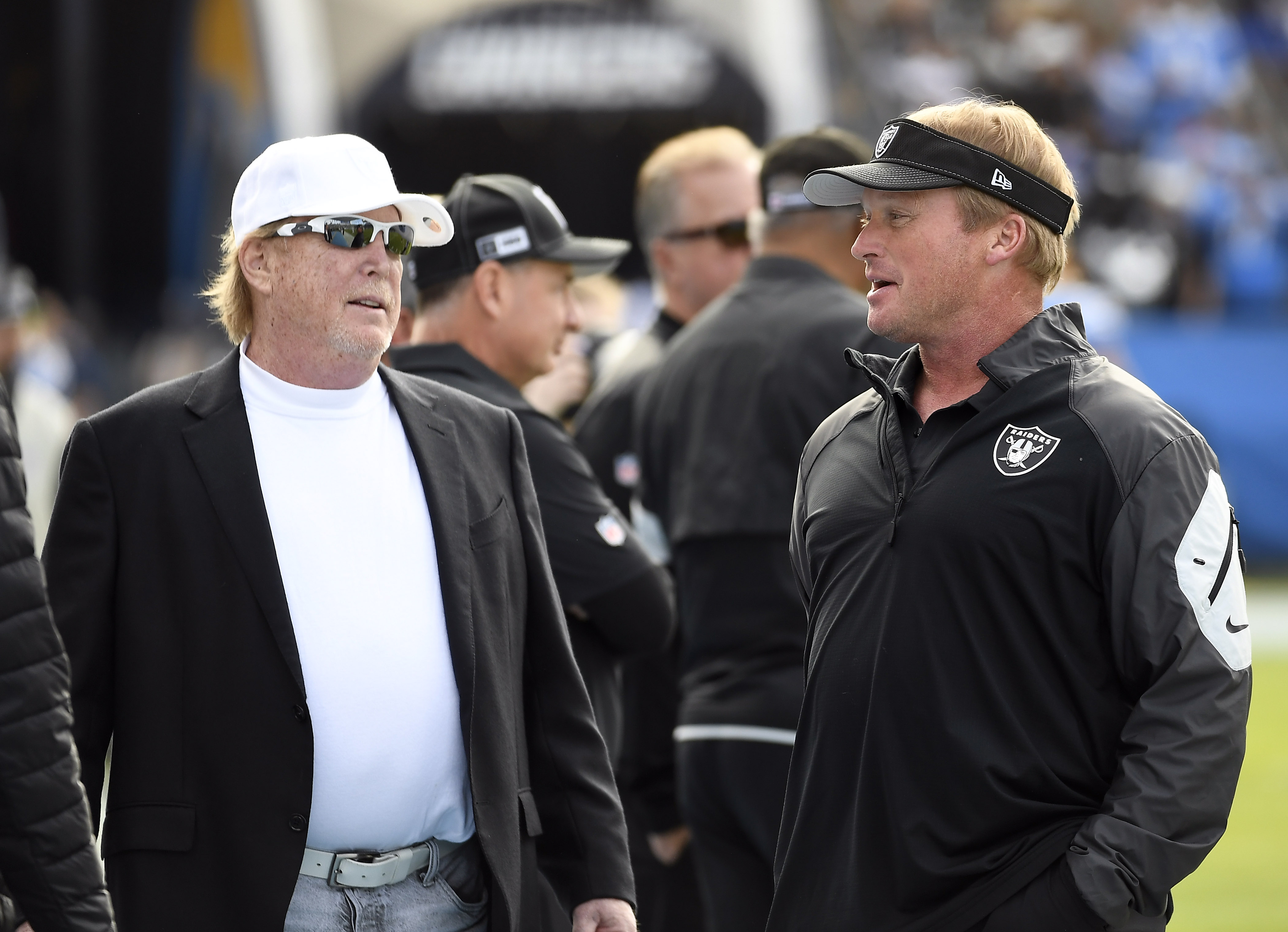 CARSON, CA - DECEMBER 22: Oakland Raiders owner Mark Davis greets head coach Jon Gruden of the Oakland Raiders before the start of the game against Los Angeles Chargers at Dignity Health Sports Park on December 22, 2019 in Carson, California. (Photo by Kevork Djansezian/Getty Images)